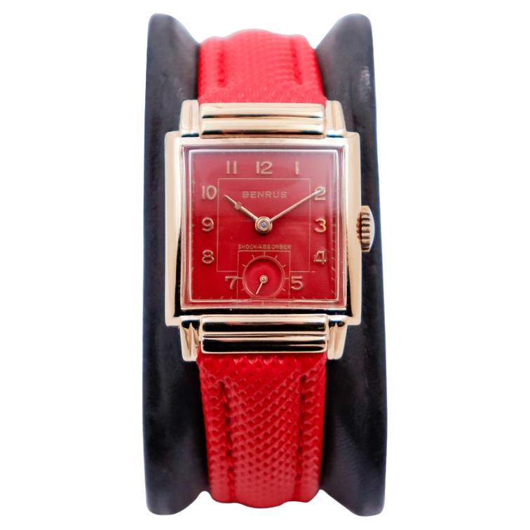 Benrus Yellow Gold Filled Art Deco Tank Style with Custom Red Dial and Strap For Sale