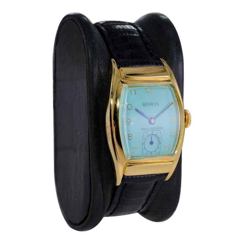 Benrus Yellow Gold Filled Art Deco Tonneau Shape circa 1940's with Custom Dial In Excellent Condition In Long Beach, CA