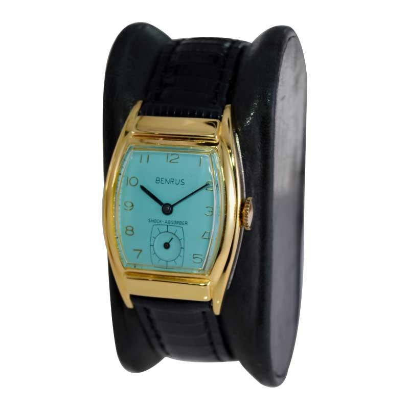 Benrus Yellow Gold Filled Art Deco Tonneau Shape circa 1940's with Custom Dial In Excellent Condition In Long Beach, CA