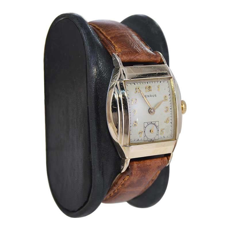 FACTORY / HOUSE: Benrus Watch Company
STYLE / REFERENCE: Art Deco / Tortue Shape
METAL / MATERIAL: Yellow Gold Filled
CIRCA / YEAR: 1940's
DIMENSIONS / SIZE: Length 38mm X Width 22mm
MOVEMENT / CALIBER: Manual Winding / 17 Jewels 
DIAL / HANDS: