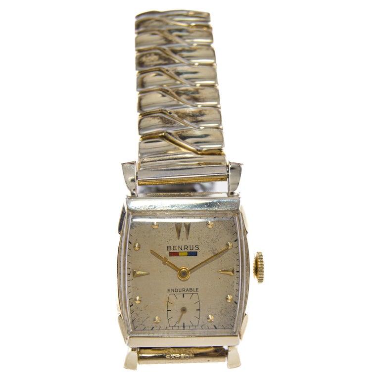 Benrus Yellow Gold Filled Art Deco Tortue Shape with Original  Dial and Bracelet For Sale 4