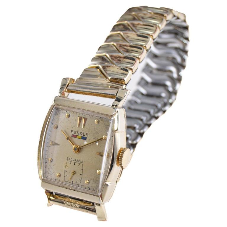 Benrus Yellow Gold Filled Art Deco Tortue Shape with Original  Dial and Bracelet For Sale 5