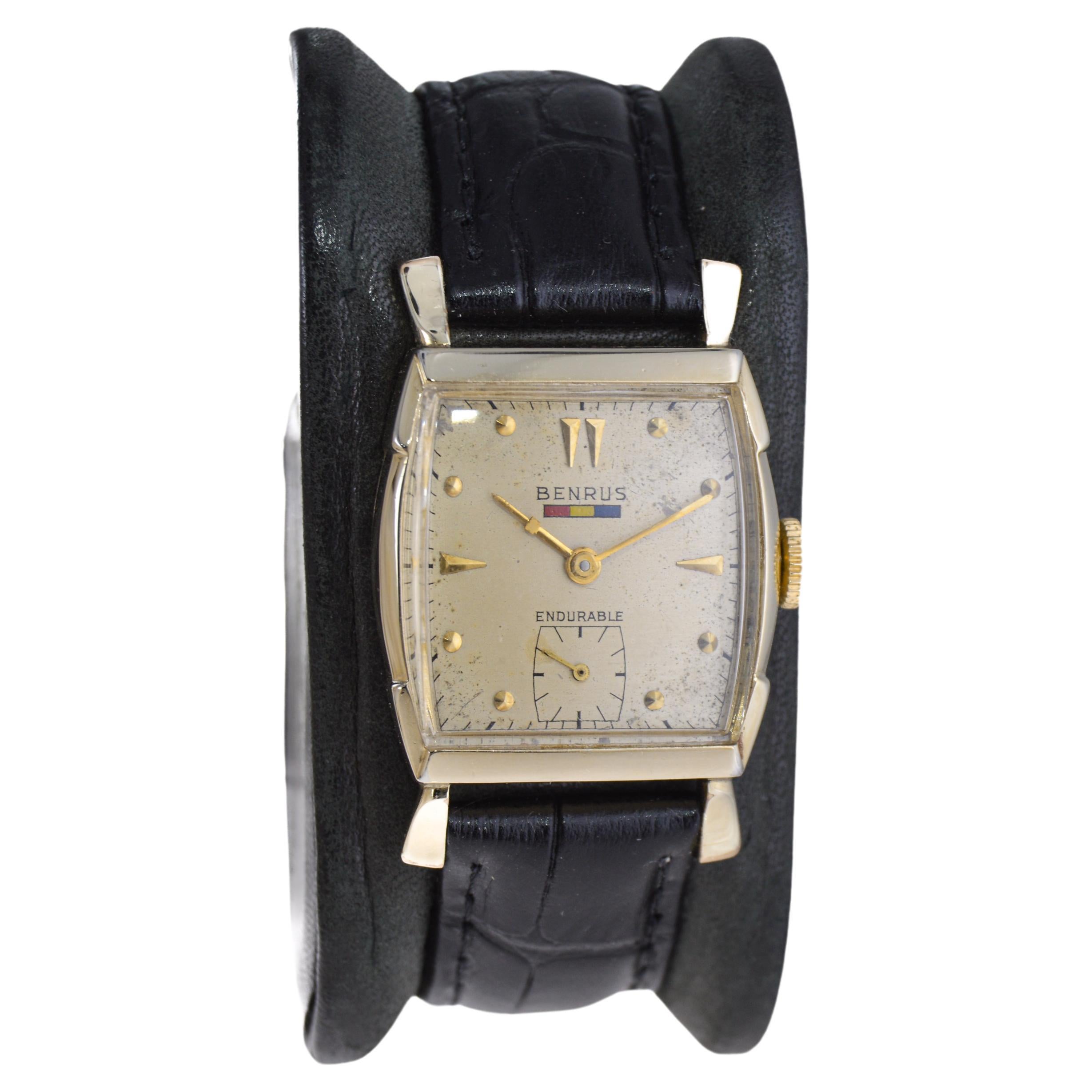 Women's or Men's Benrus Yellow Gold Filled Art Deco Tortue Shape with Original  Dial and Bracelet For Sale