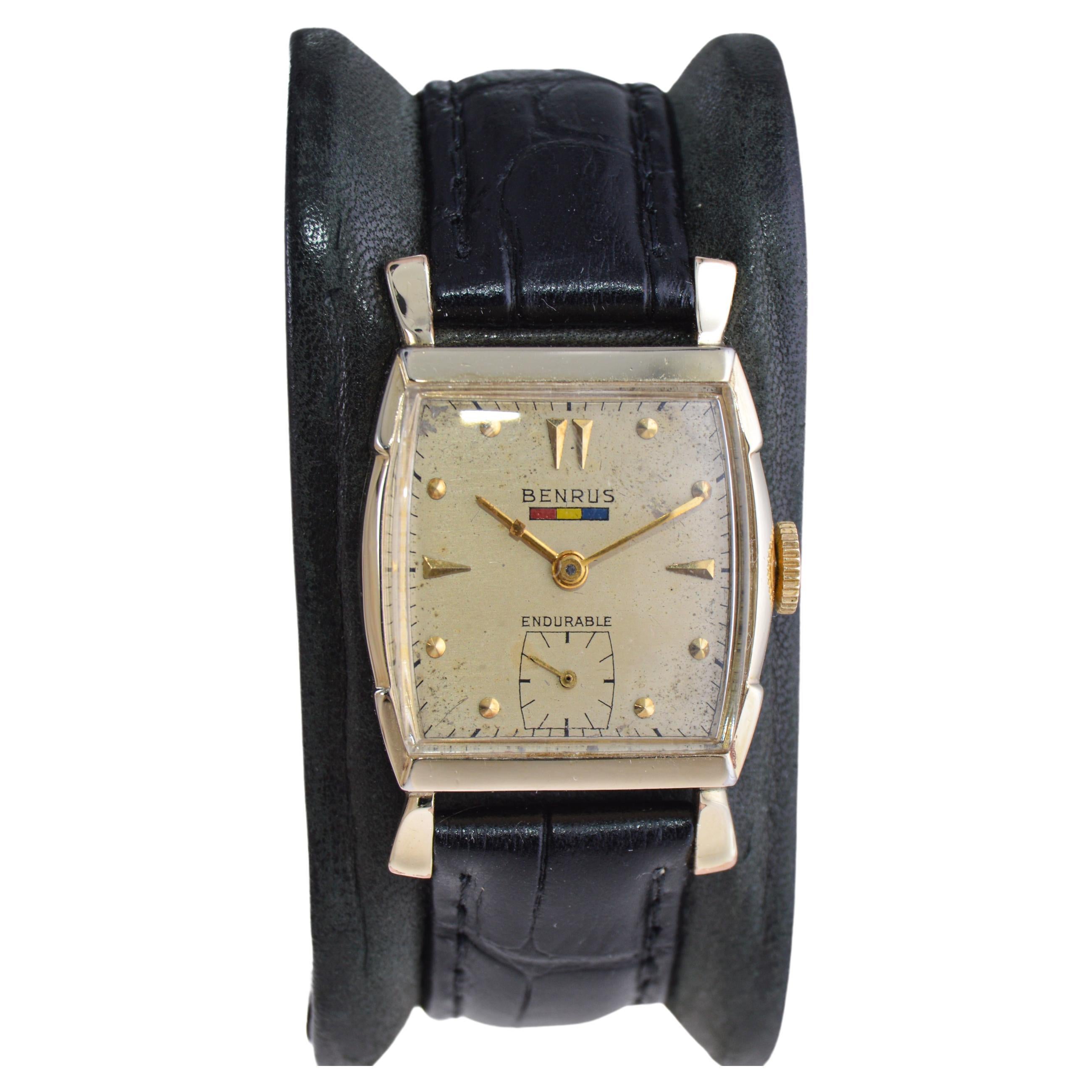Benrus Yellow Gold Filled Art Deco Tortue Shape with Original  Dial and Bracelet For Sale 1