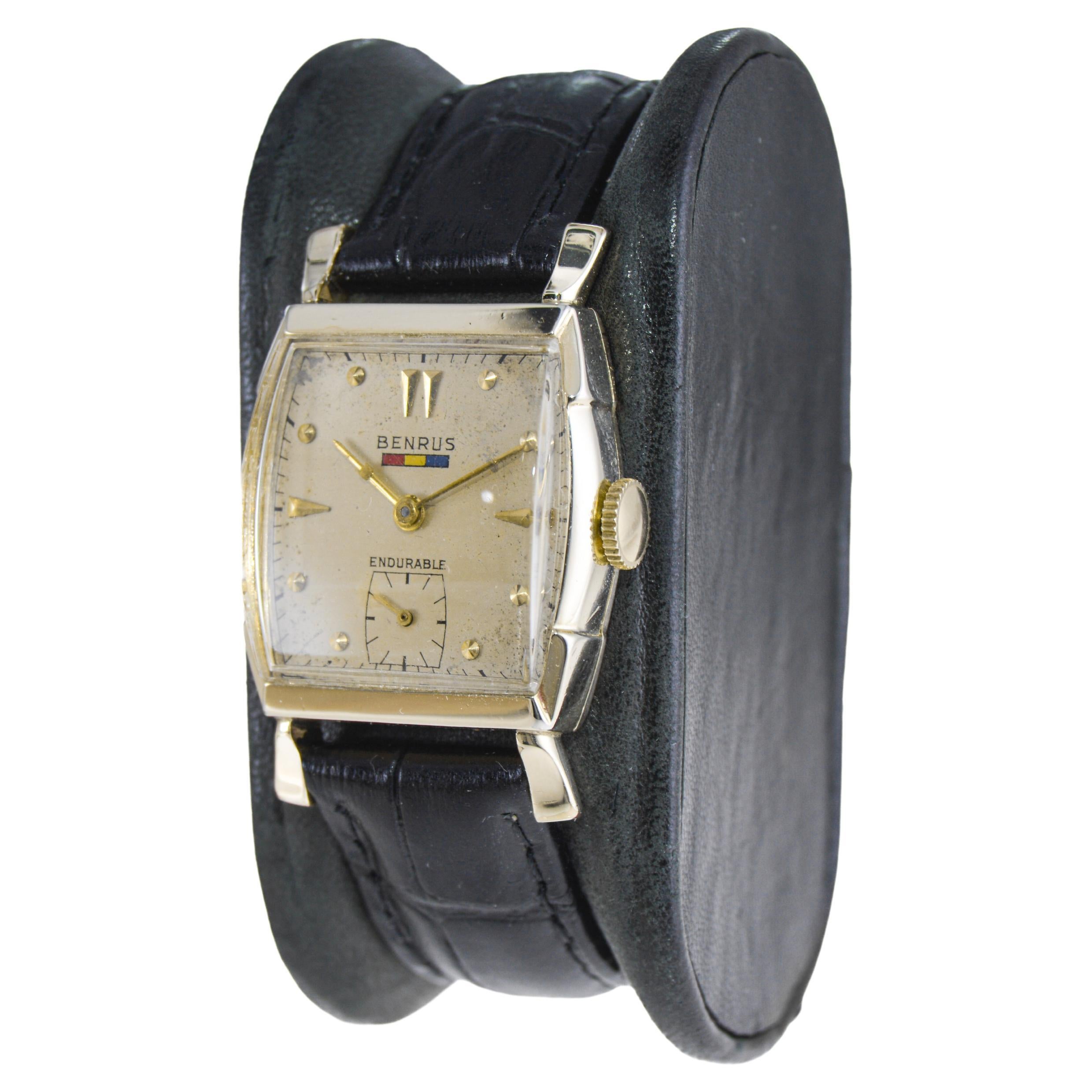 Benrus Yellow Gold Filled Art Deco Tortue Shape with Original  Dial and Bracelet For Sale 2