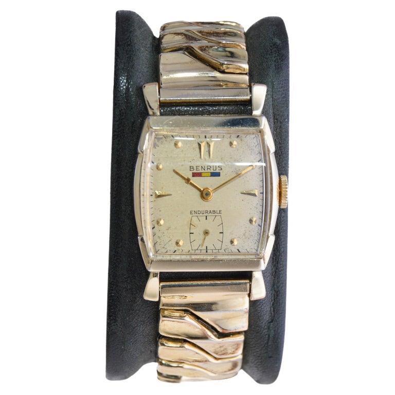 Benrus Yellow Gold Filled Art Deco Tortue Shape with Original  Dial and Bracelet For Sale