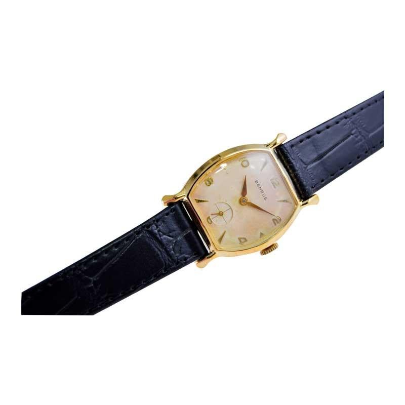 Benrus Yellow Gold Filled Art Deco Tortue Shaped Watch with Oiginal Dial 1940's For Sale 6