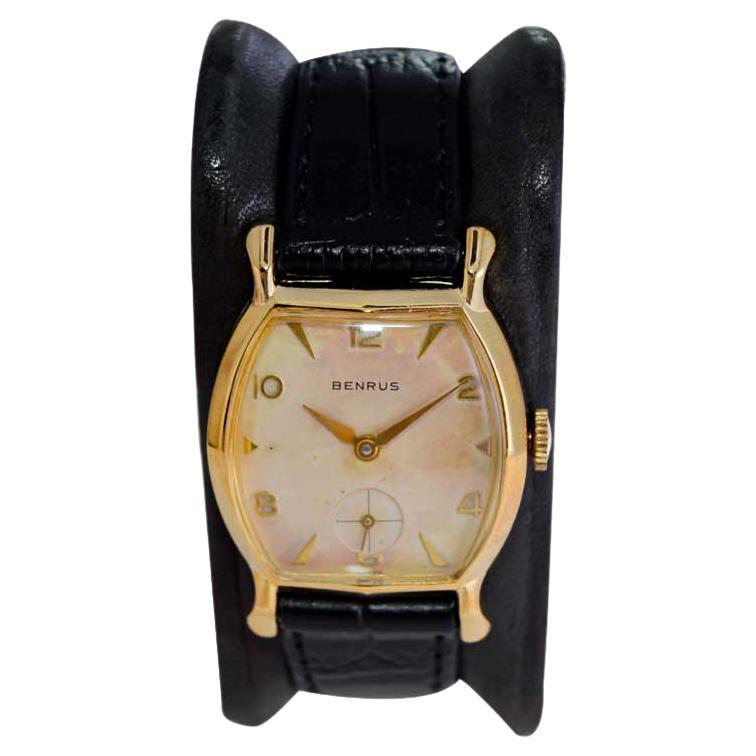 Benrus Yellow Gold Filled Art Deco Tortue Shaped Watch with Oiginal Dial 1940's For Sale