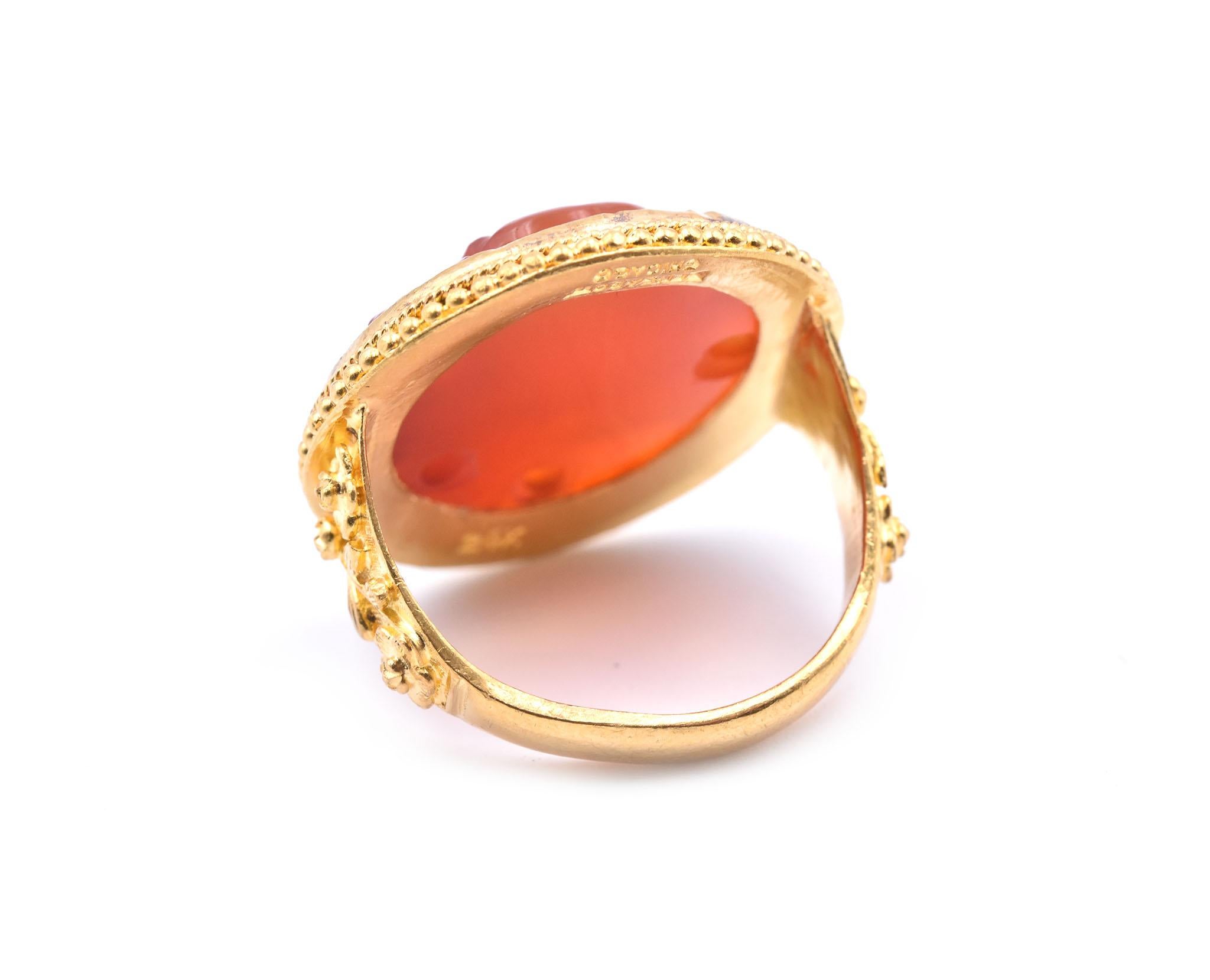 Women's or Men's Bensabott Chicago 24 Karat Yellow Gold Carved Rose Jade Ring
