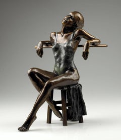 Bronze Figurative Ballerina 'Dancer Seated Resting en Barre' Brown & Green