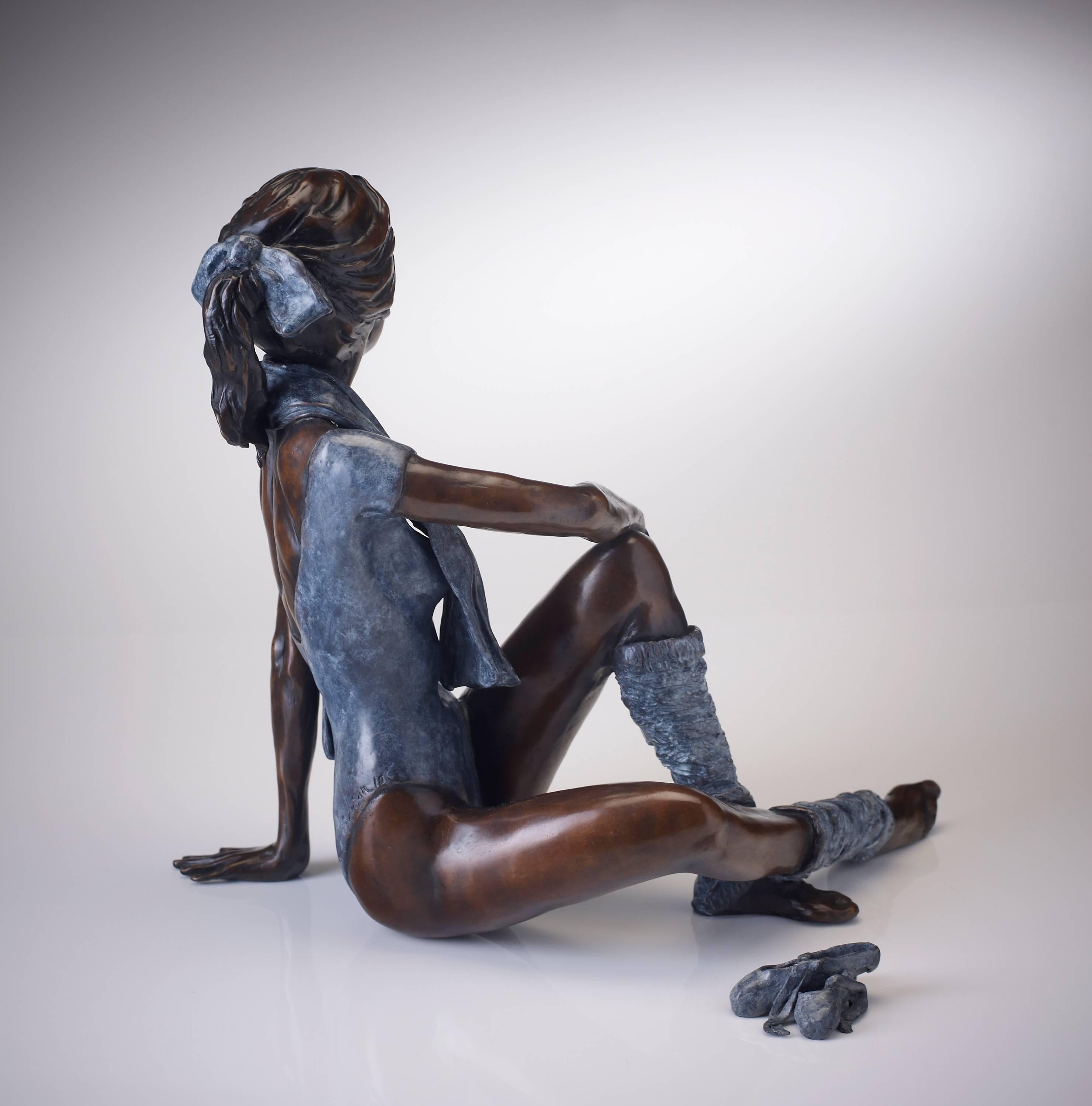 Contemporary Bronze Ballerina Figurative Ballet Dancer 'Attitude' Blue & Brown  - Sculpture by Benson Landes