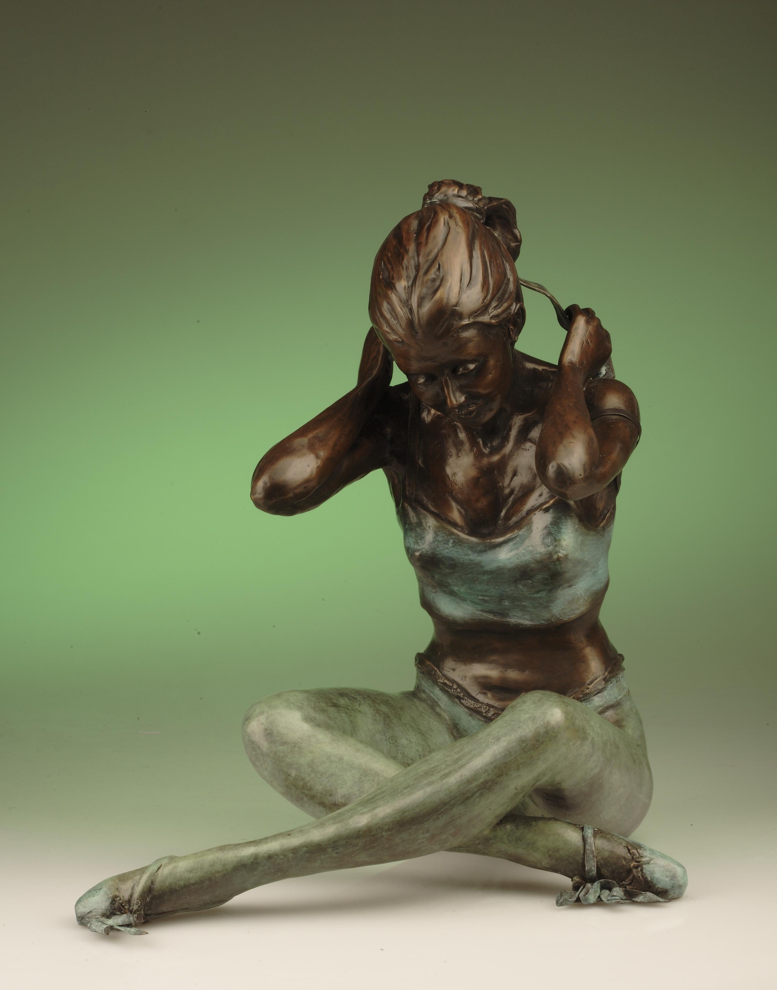 'Tying Headband' by Benson Landes is a stunning 20th Century Solid Bronze Nude Figurative Ballet Dancer. For Benson Landes, sculpture was most definitely a passion. His oeuvre of cast bronzes is populated with ‘off duty’ ballet dancers, rather