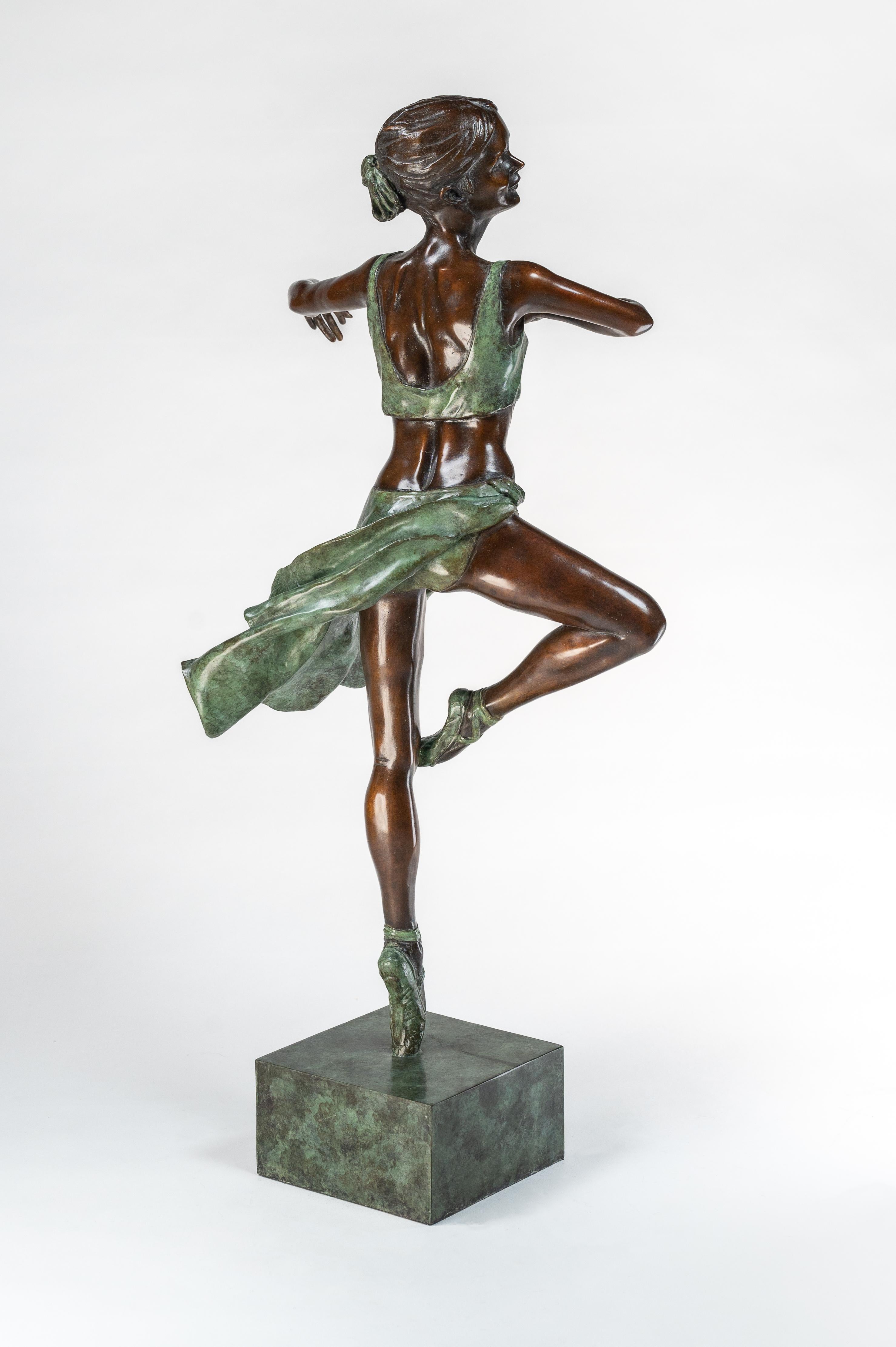'Pirouette' Contemporary Bronze Sculpture of a Ballerina Dancing, green, figure For Sale 2