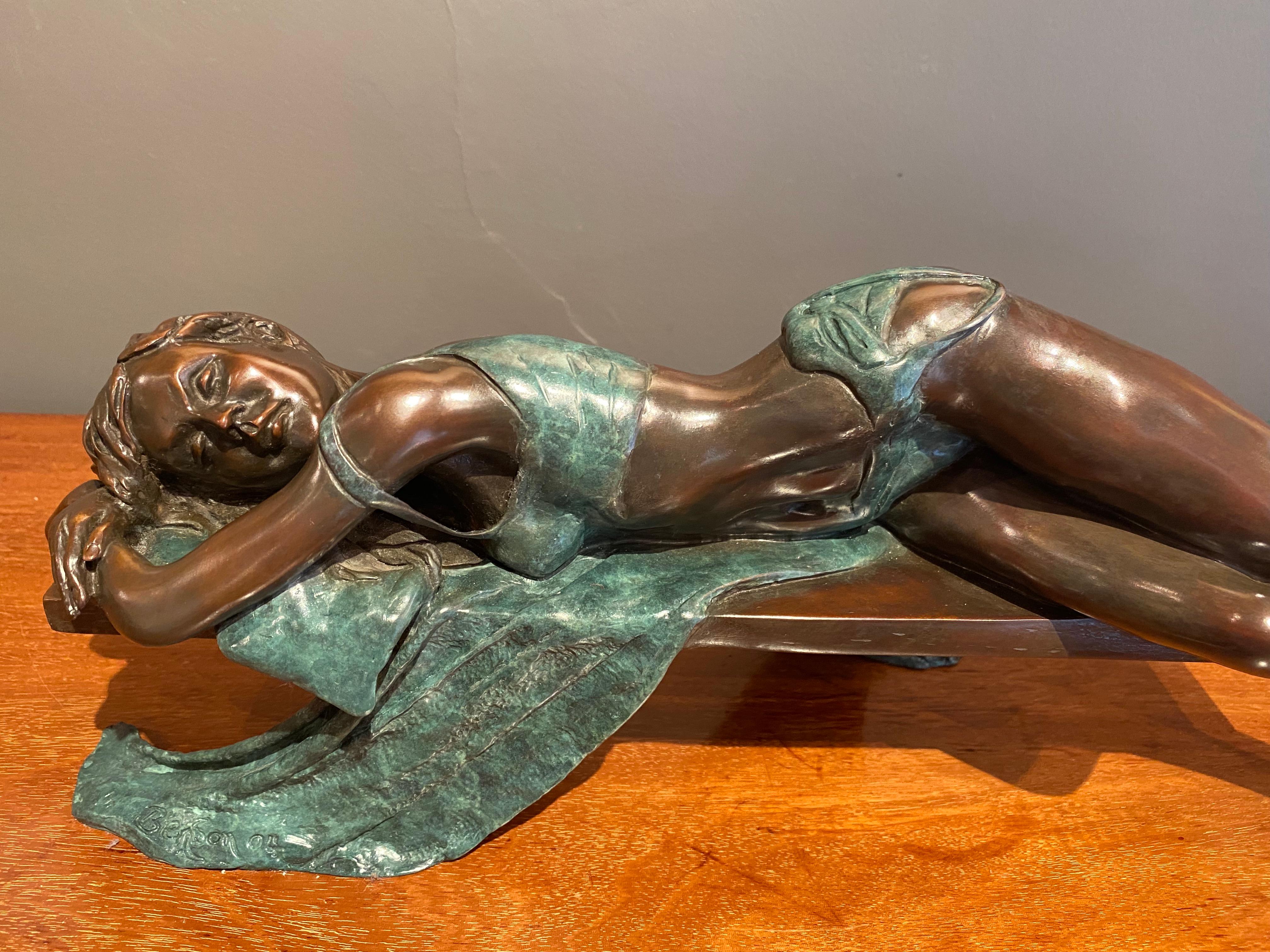 'Relaxing Dancer' Contemporary figurative Bronze sculpture of a Ballerina  - Gold Figurative Sculpture by Benson Landes