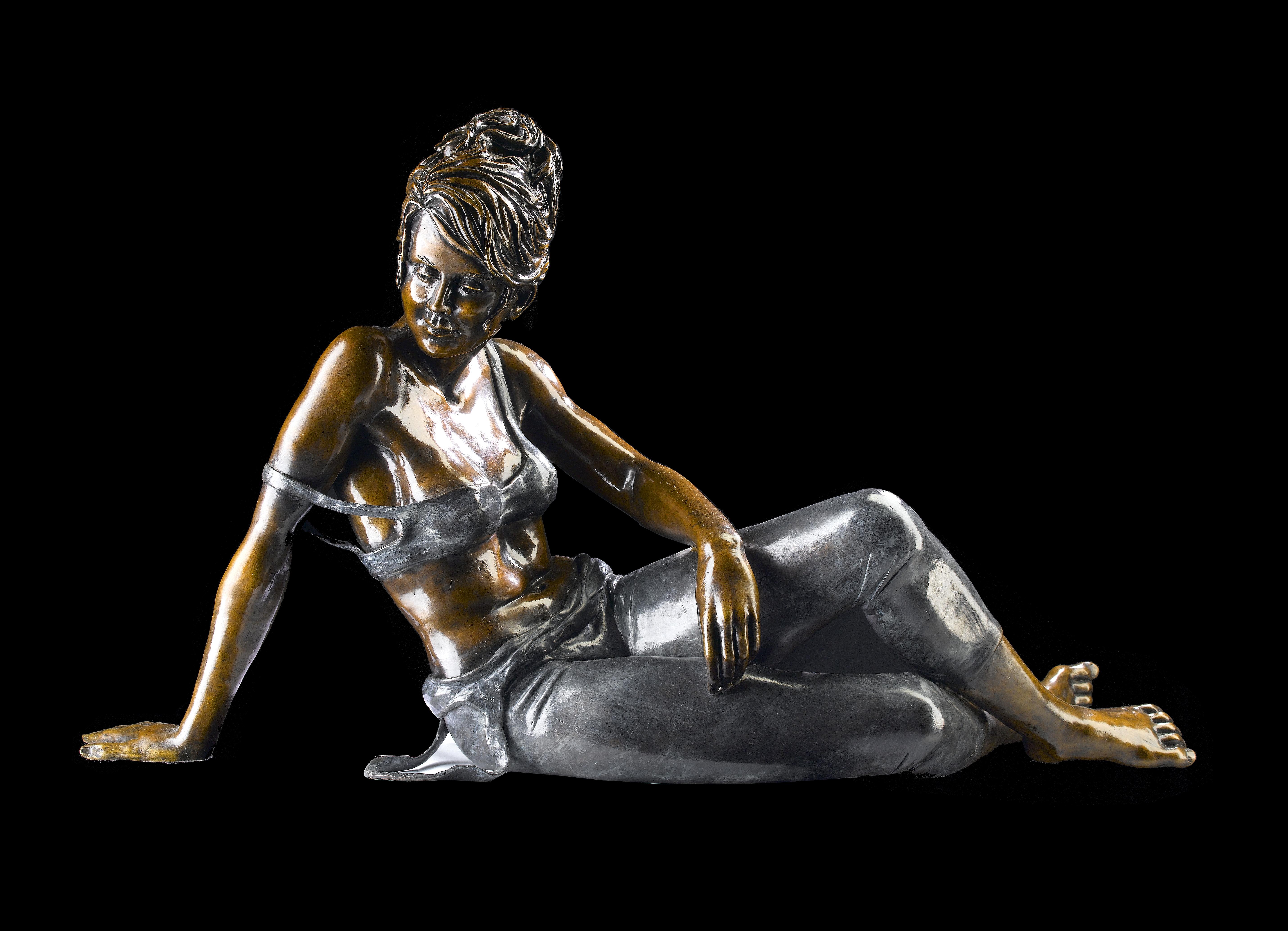 Resting. A bronze sculpture of a resting ballet dancer figure by Benson Landes