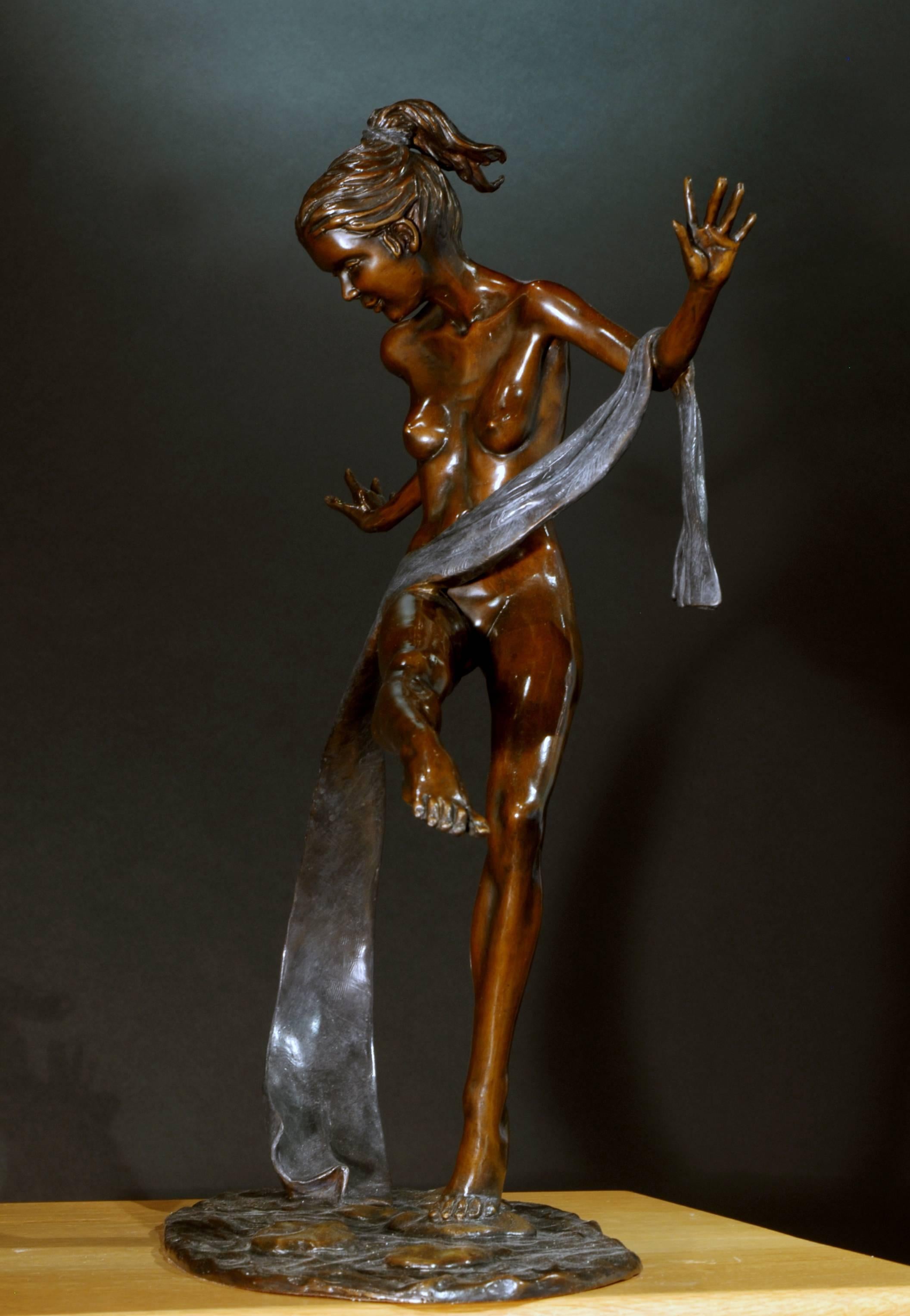 'Stepping Stones' by Benson Landes is a Solid Bronze 20th Century Nude Ballet Dancer - she is so light on her feet and beautifully elegant.
For Benson Landes, sculpture was most definitely a passion. His oeuvre of cast bronzes is populated with ‘off