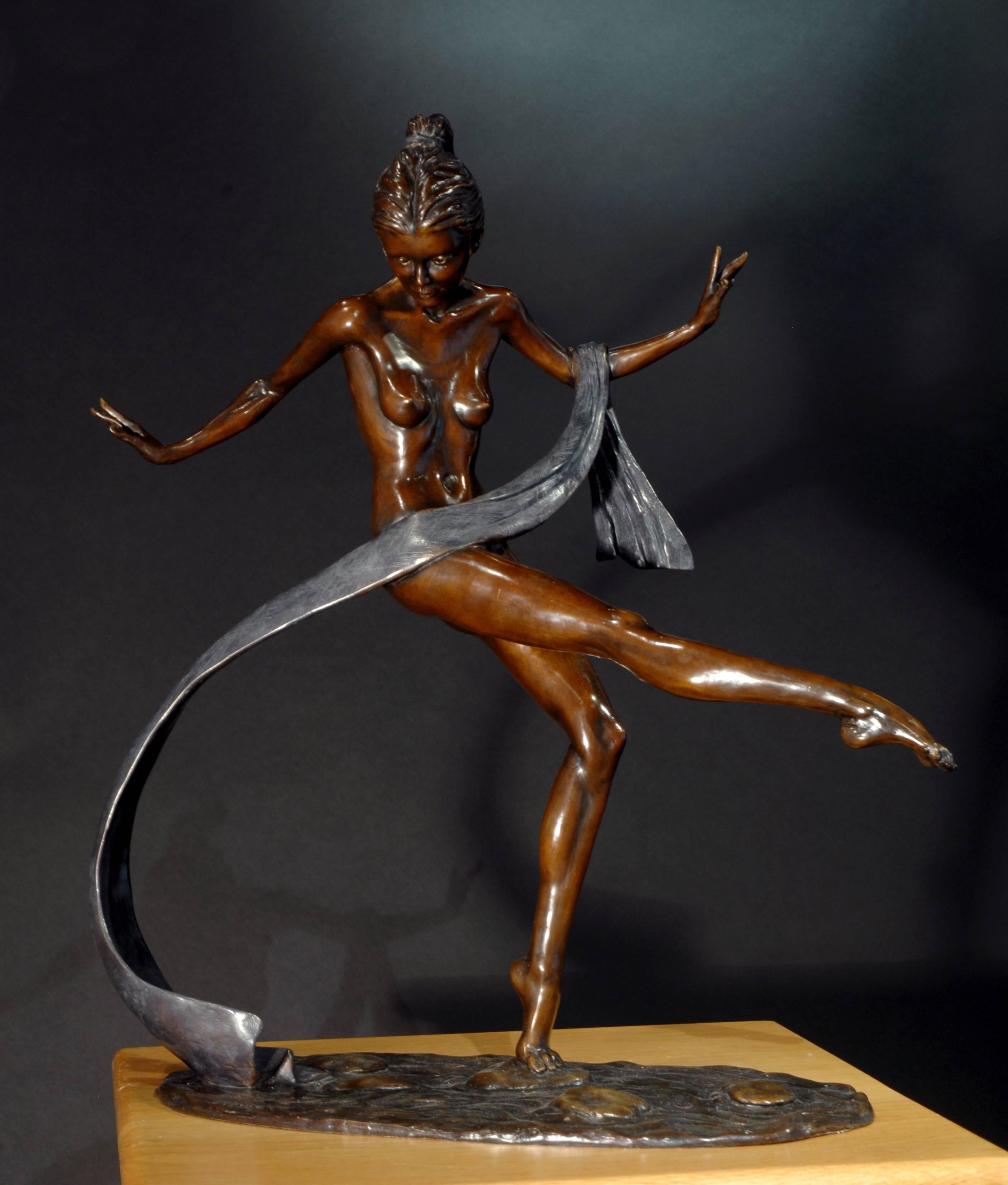 Solid Bronze 20th Century Nude Ballet Dancer 'Stepping Stones' by Benson Landes 1