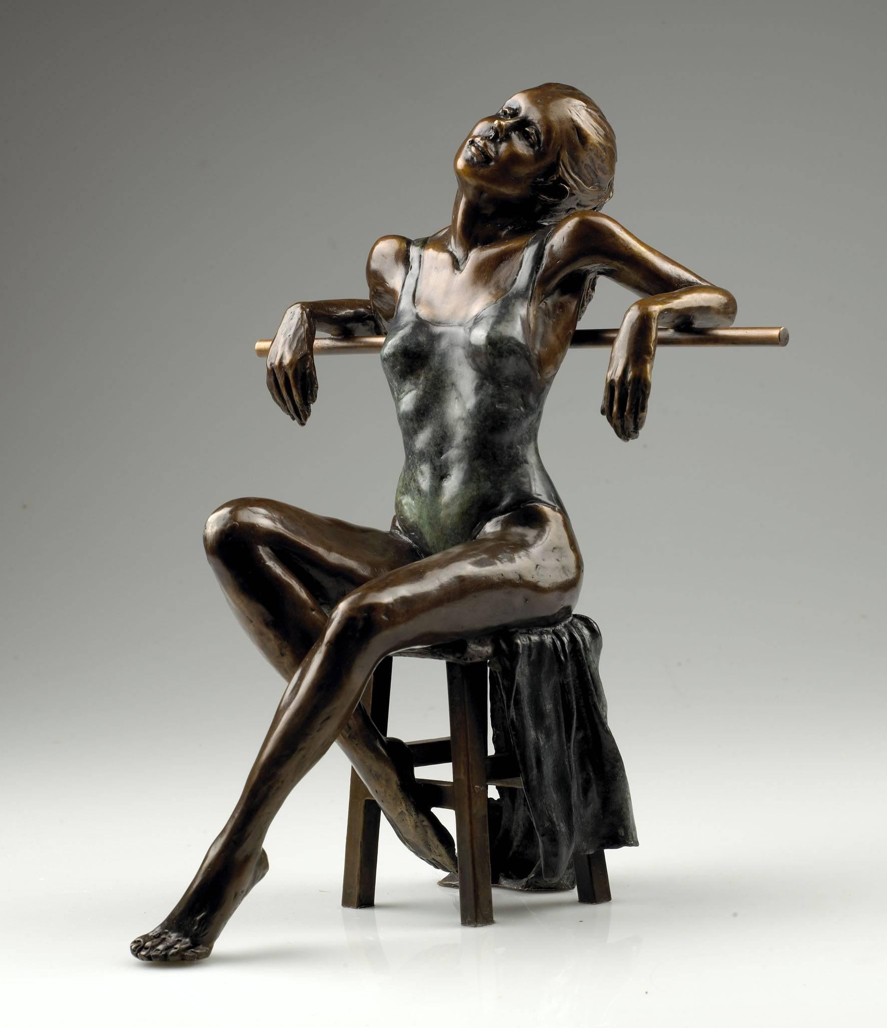 Benson Landes Nude Sculpture - Solid Bronze Figurative Ballet Sculpture 'Dancer Seated Resting en Barre'