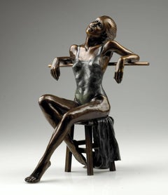 Vintage Solid Bronze Figurative Ballet Sculpture 'Dancer Seated Resting en Barre'