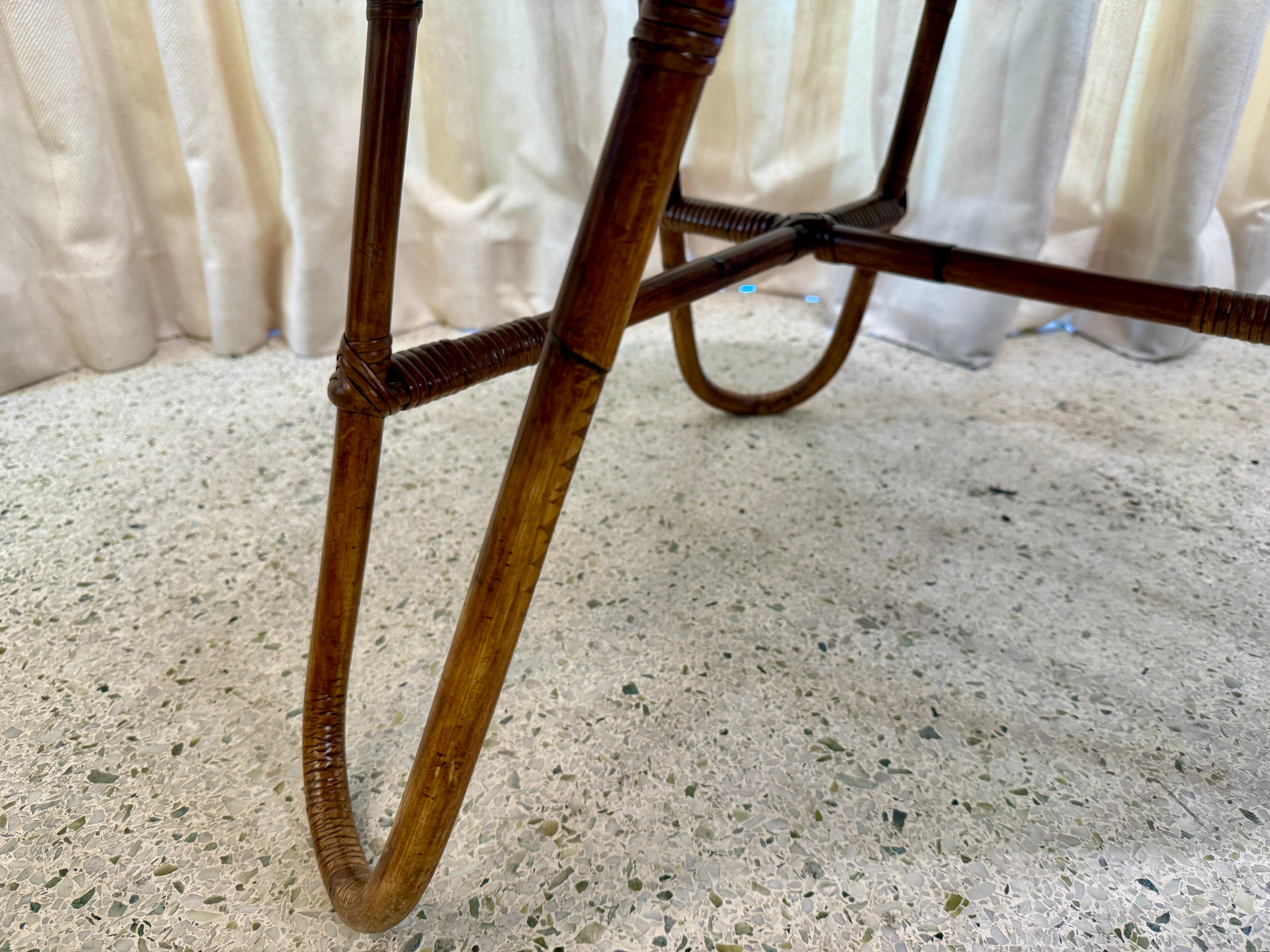 An amorphic shaped bamboo trimmed top with vintage Gucci vinyl fabric.  Frame/legs are bent bamboo reminiscent of Bonacina tables.