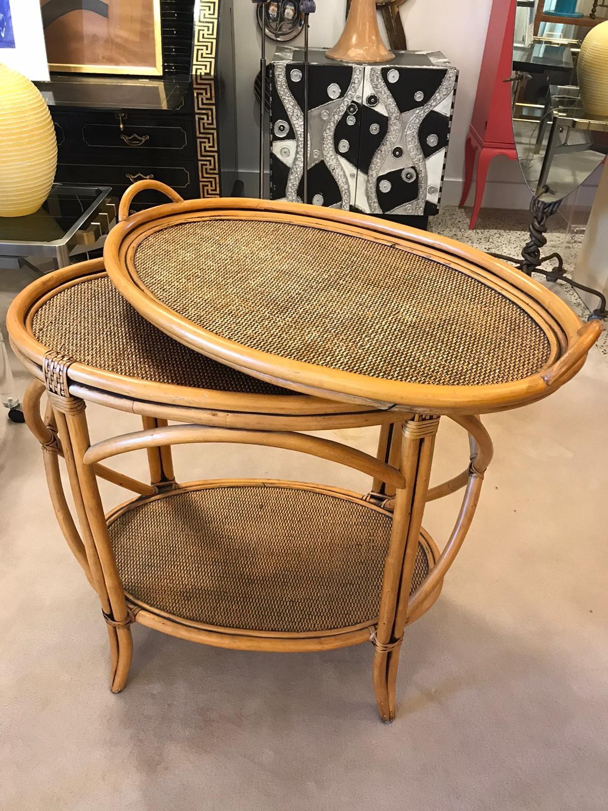 Italian Bent Bamboo and Grasscloth Bar Table with Removable Tray For Sale
