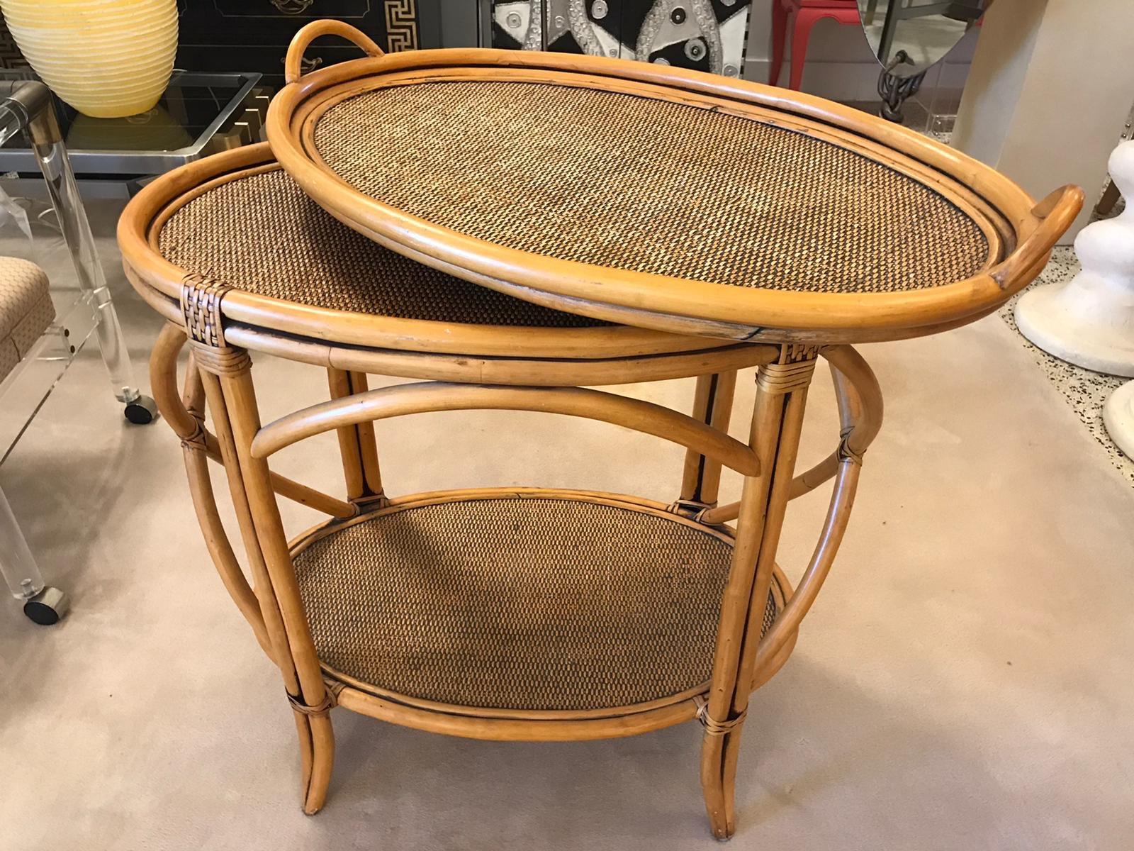 Bent Bamboo and Grasscloth Bar Table with Removable Tray In Good Condition For Sale In East Hampton, NY