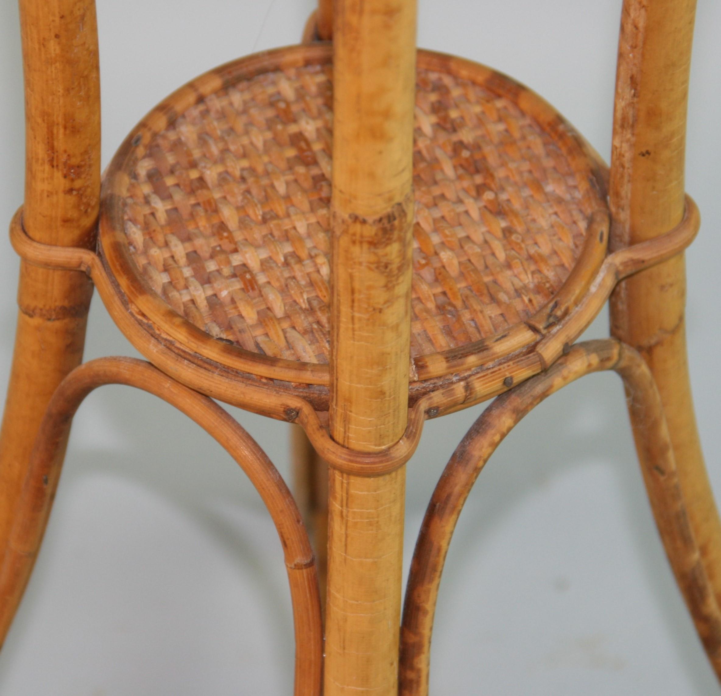 Mid-20th Century Bent Bamboo and Rattan Two Level Plant Stand For Sale