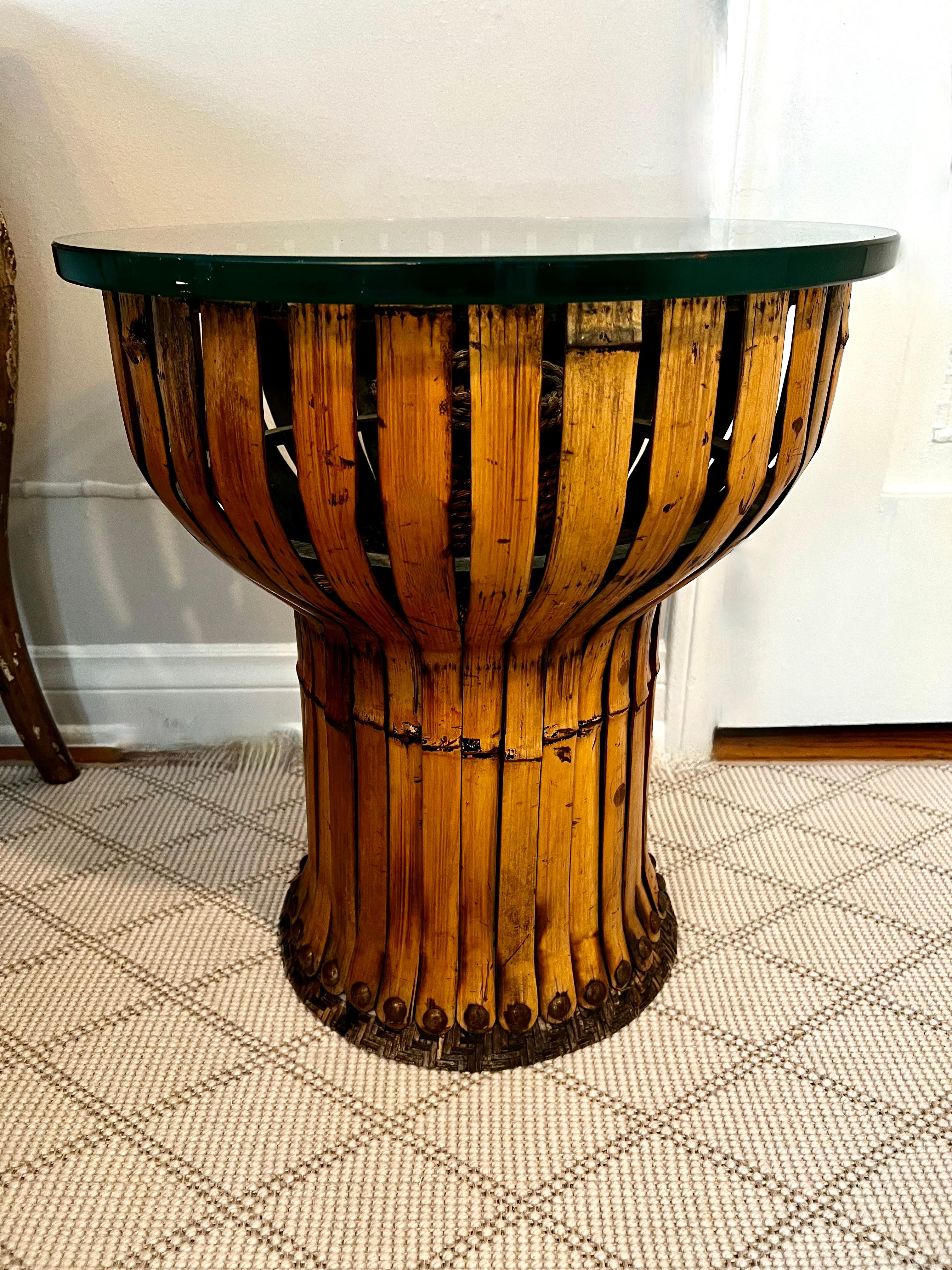 Mid-Century Modern Bent Bamboo Side Table with Woven Grass Inside and Nail Head Details For Sale