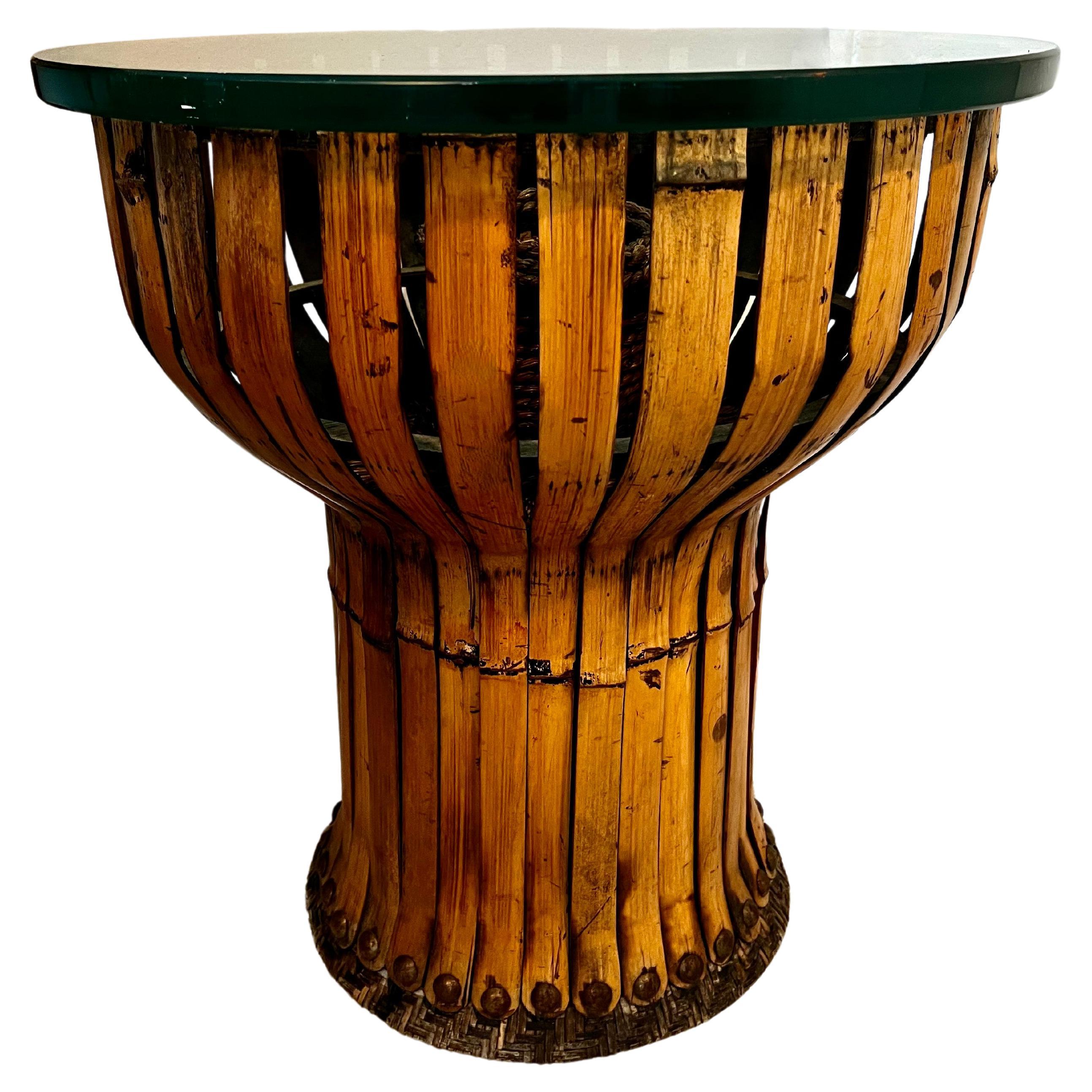 Bent Bamboo Side Table with Woven Grass Inside and Nail Head Details For Sale