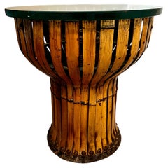 Bent Bamboo Side Table with Woven Grass Inside and Nail Head Details