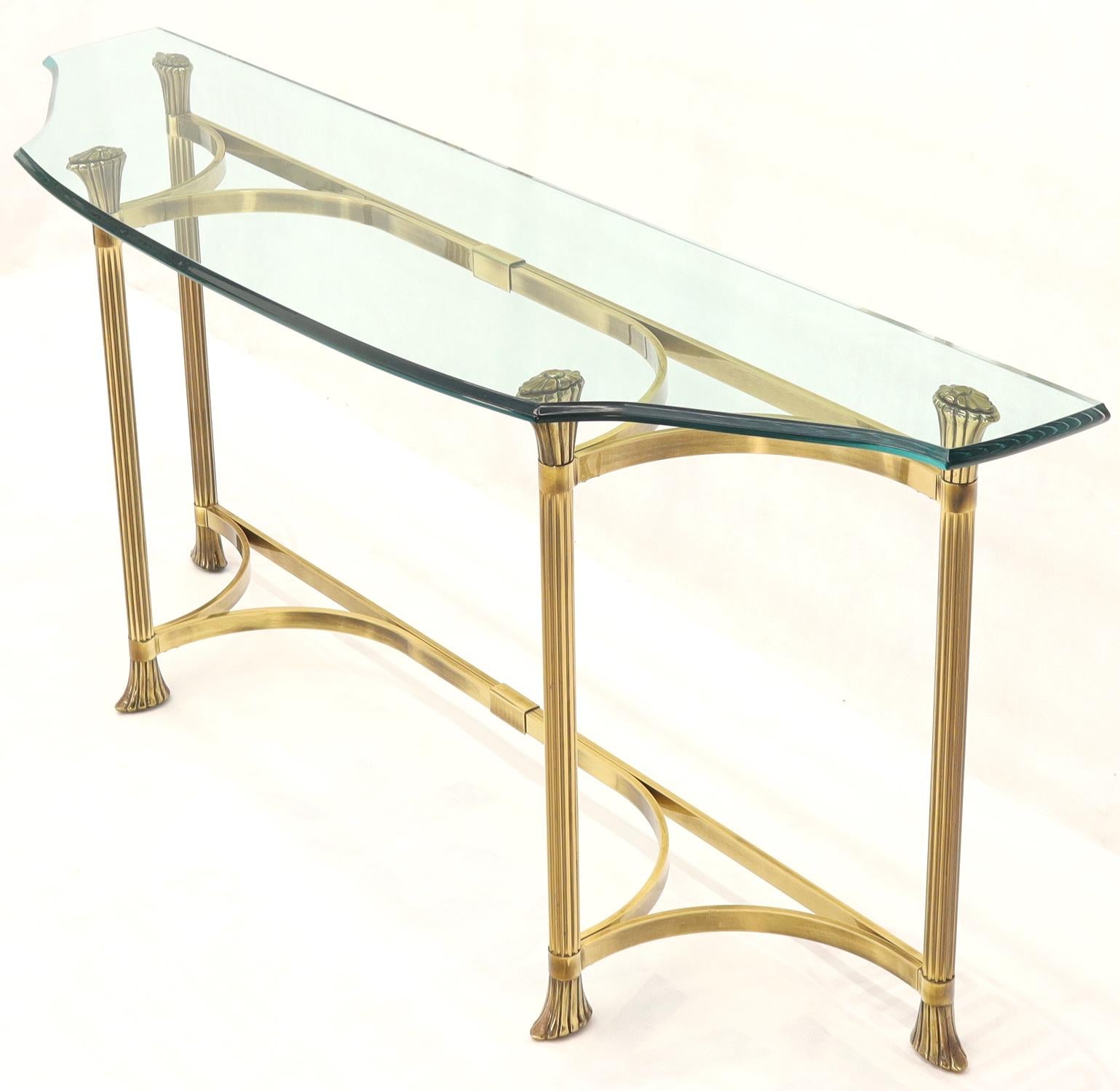 Mid-Century Modern Bent Brass Base Curved Glass Top Figural Console Sofa Table