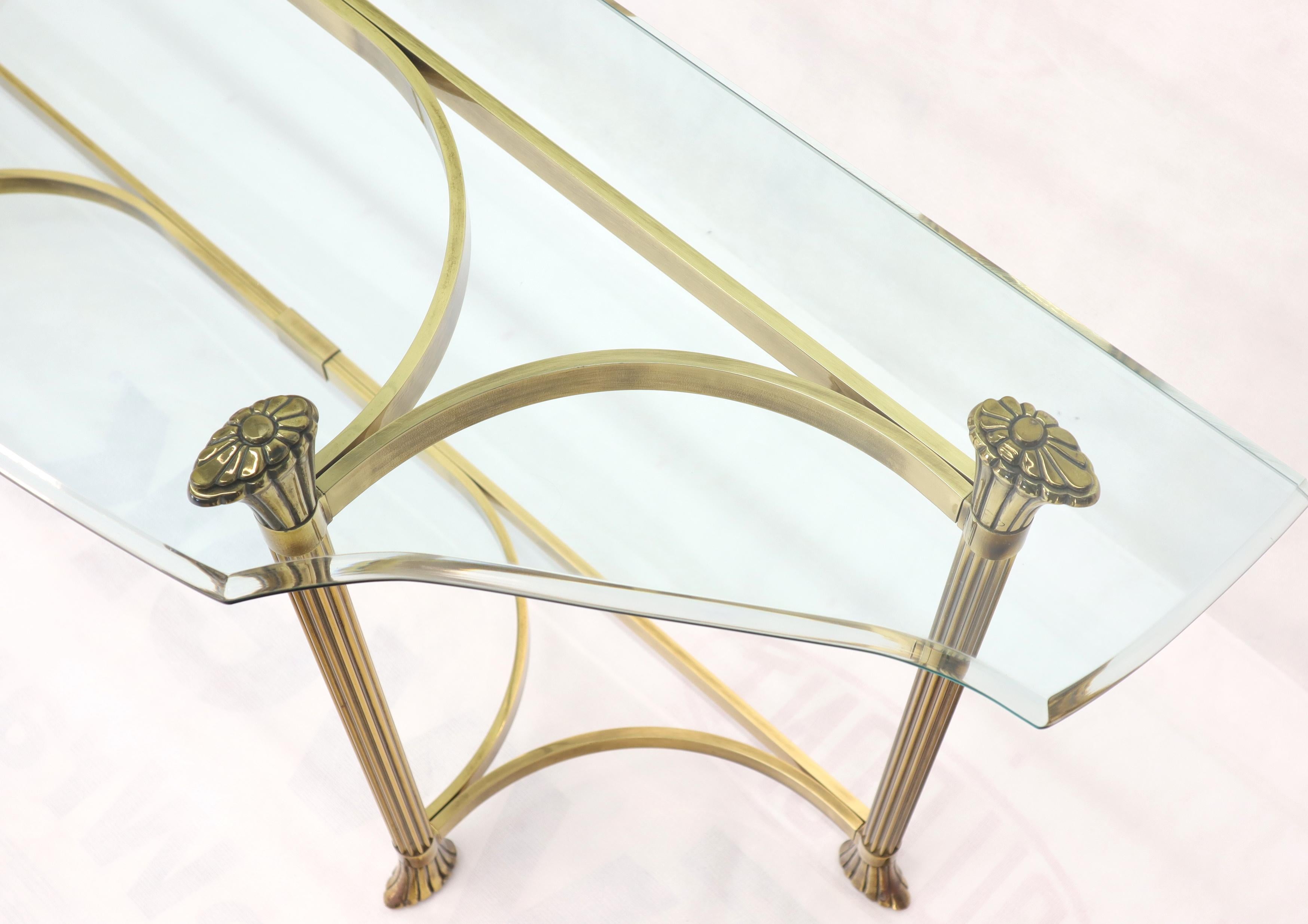 American Bent Brass Base Curved Glass Top Figural Console Sofa Table
