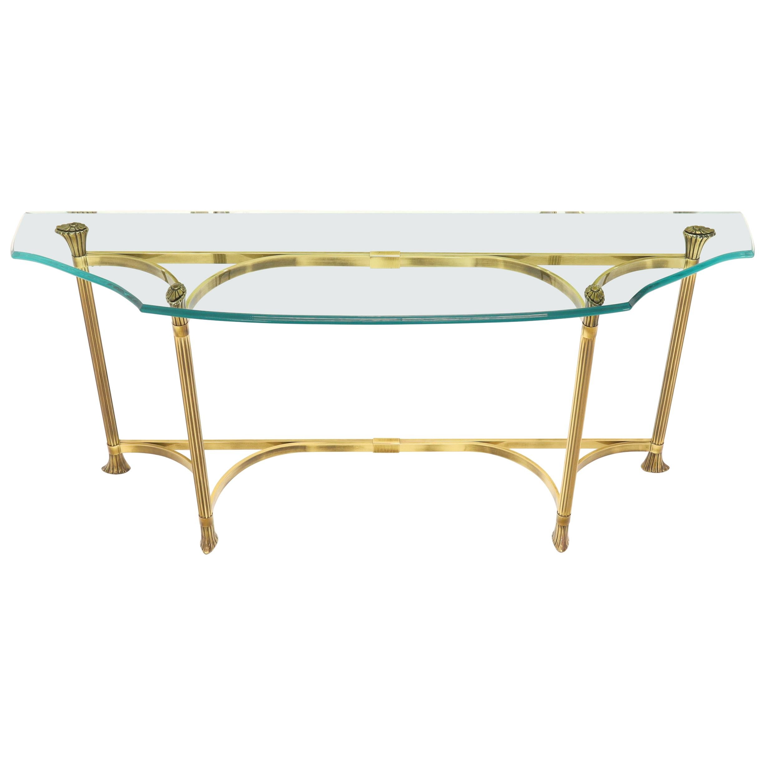 Bent Brass Base Curved Glass Top Figural Console Sofa Table