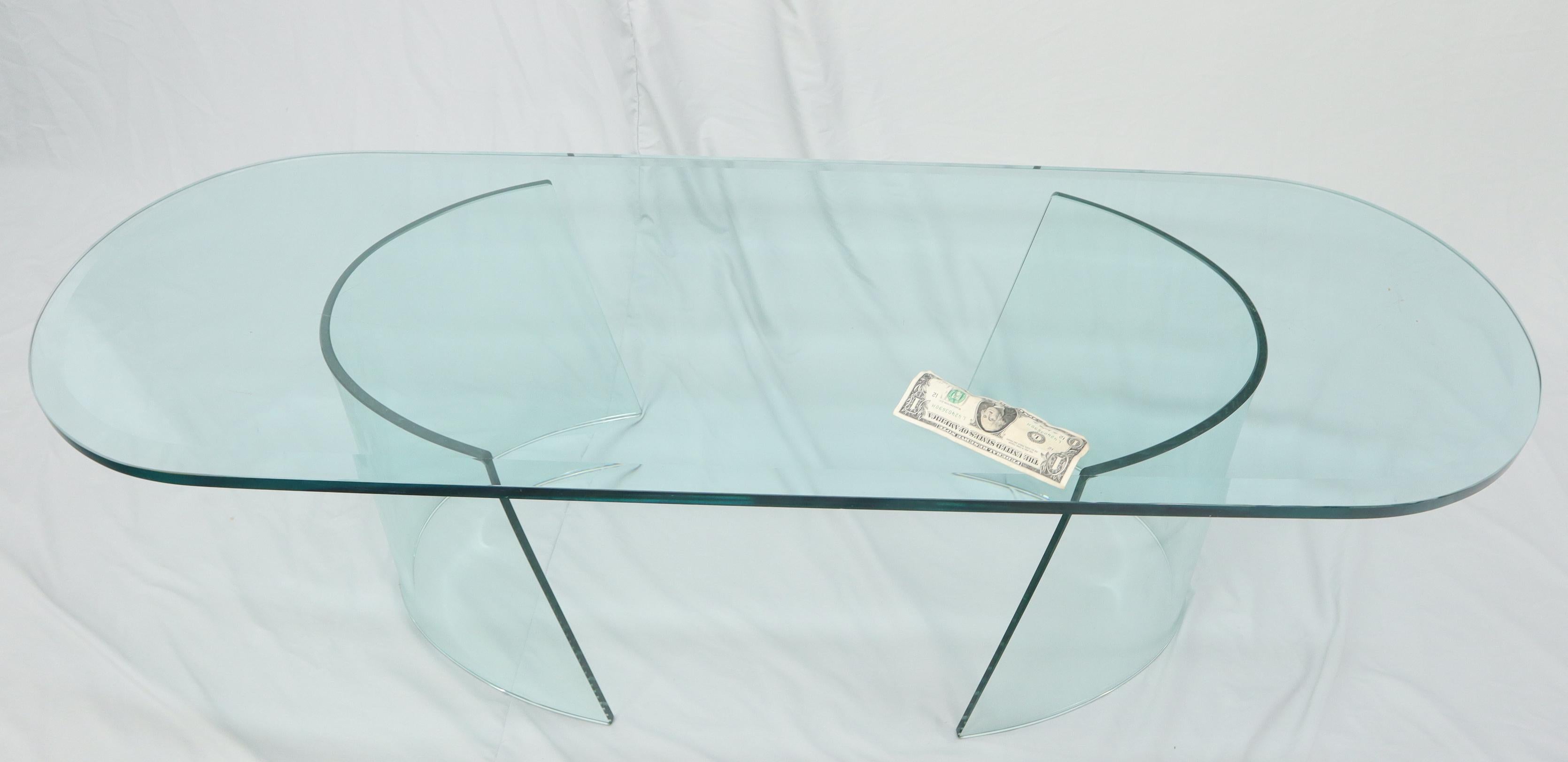 Italian Bent Curved Glass C-Shape Base Oval Racetrack Top Coffee Table