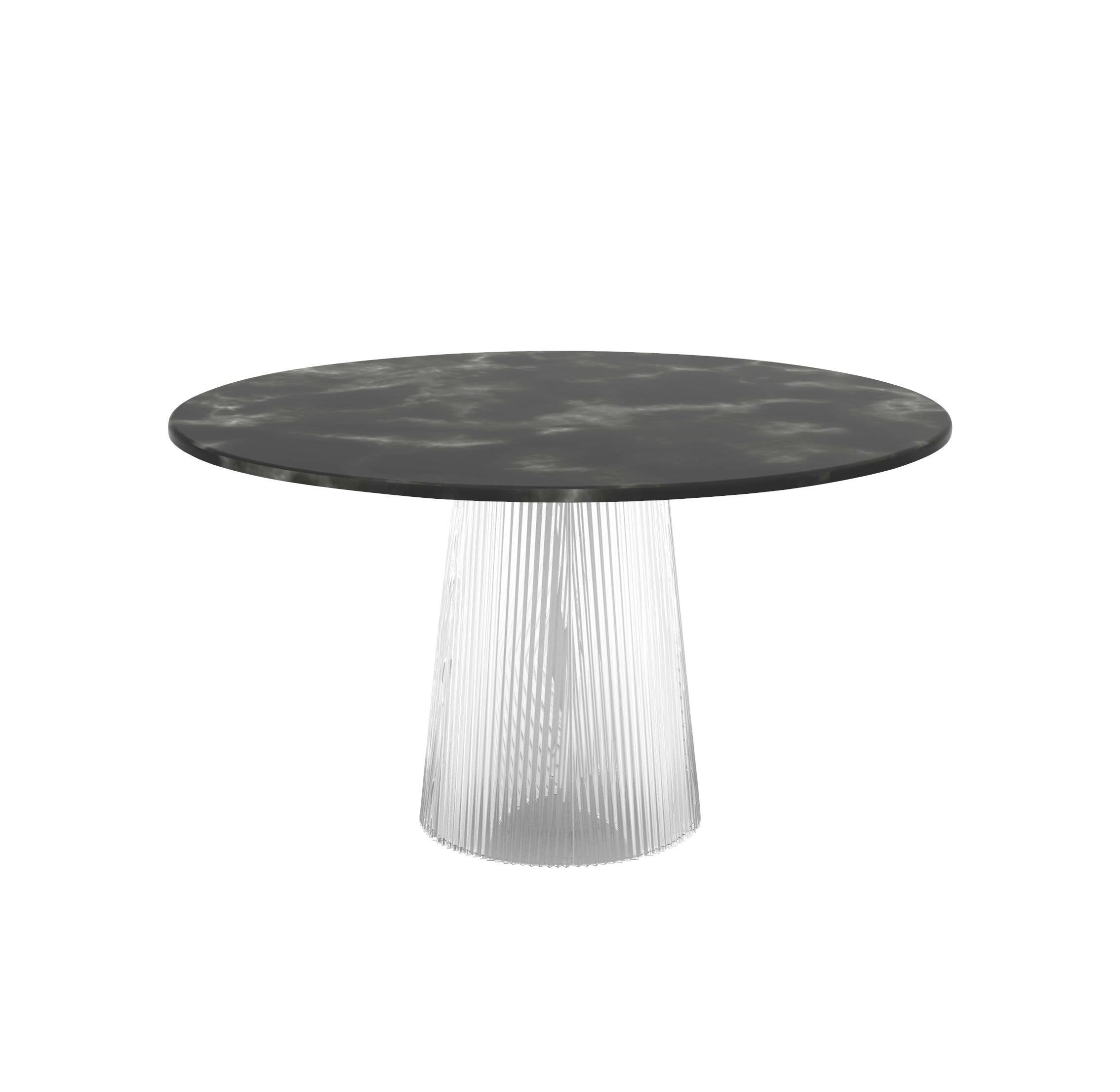Bent dining table medium black transparent by Pulpo
Dimensions: D130 x H74 cm.
Materials: Casted glass, carrara, black nero or light green marble table top.

Also available in different finishes and dimensions. 

Two kinds of Material united