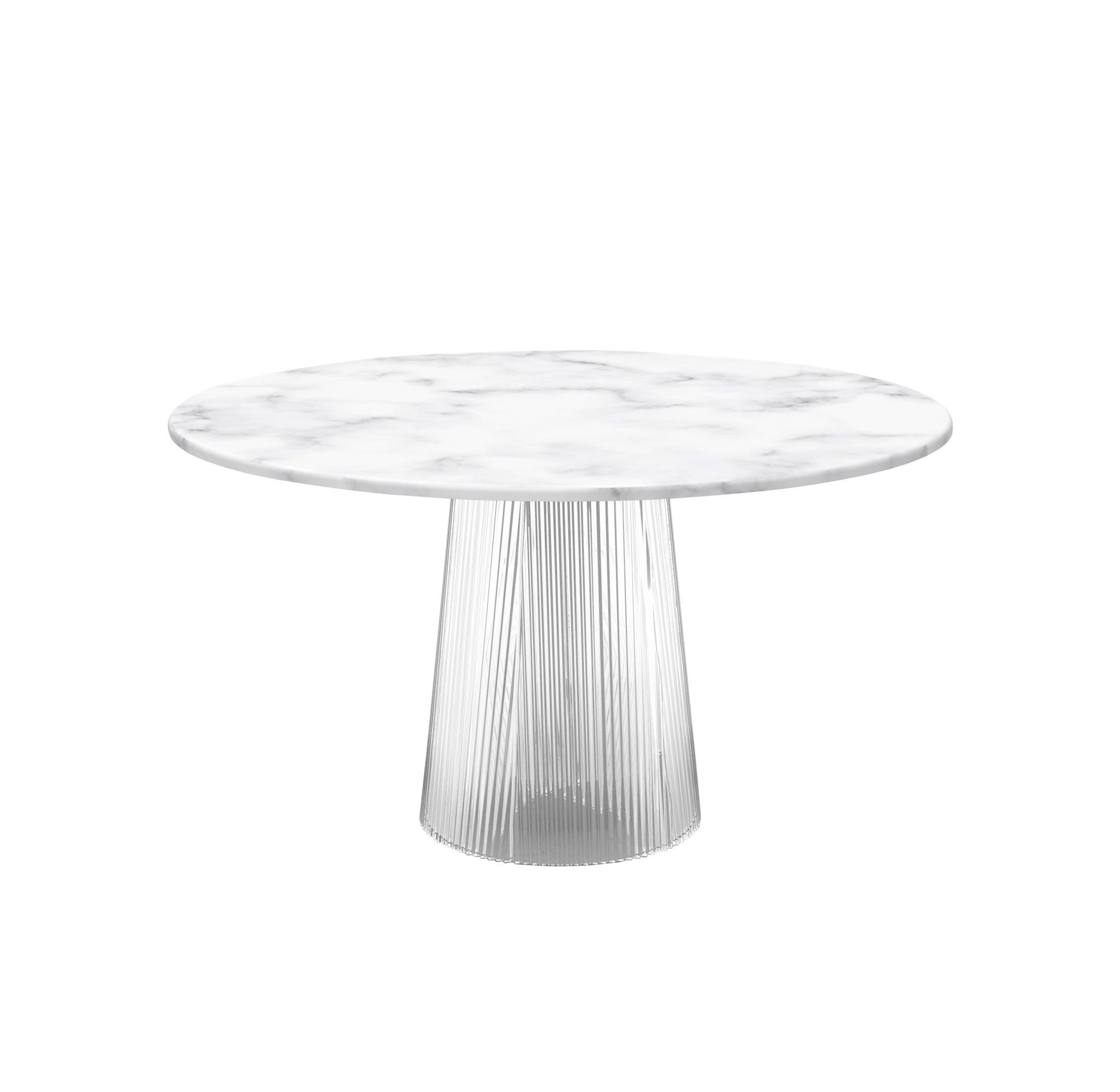 Bent dining table medium white transparent by Pulpo
Dimensions: D 130 x H 74 cm
Materials: casted glass, carrara, black nero or light green marble table top.

Also available in different finishes and dimensions.

Two kinds of Material united