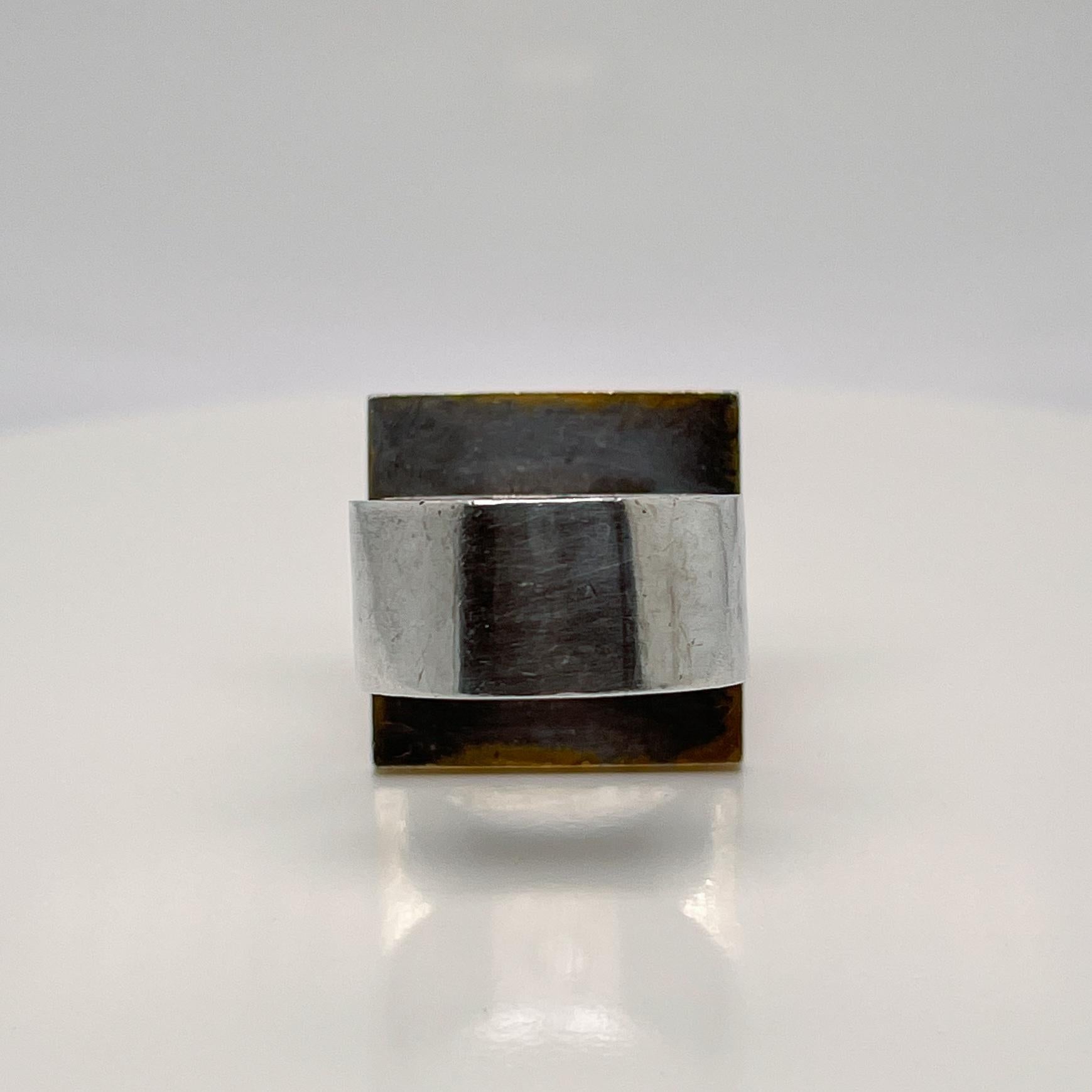 Bent Exner Danish Modern Cube Shaped Fire Gilded Sterling Silver Cocktail Ring 9