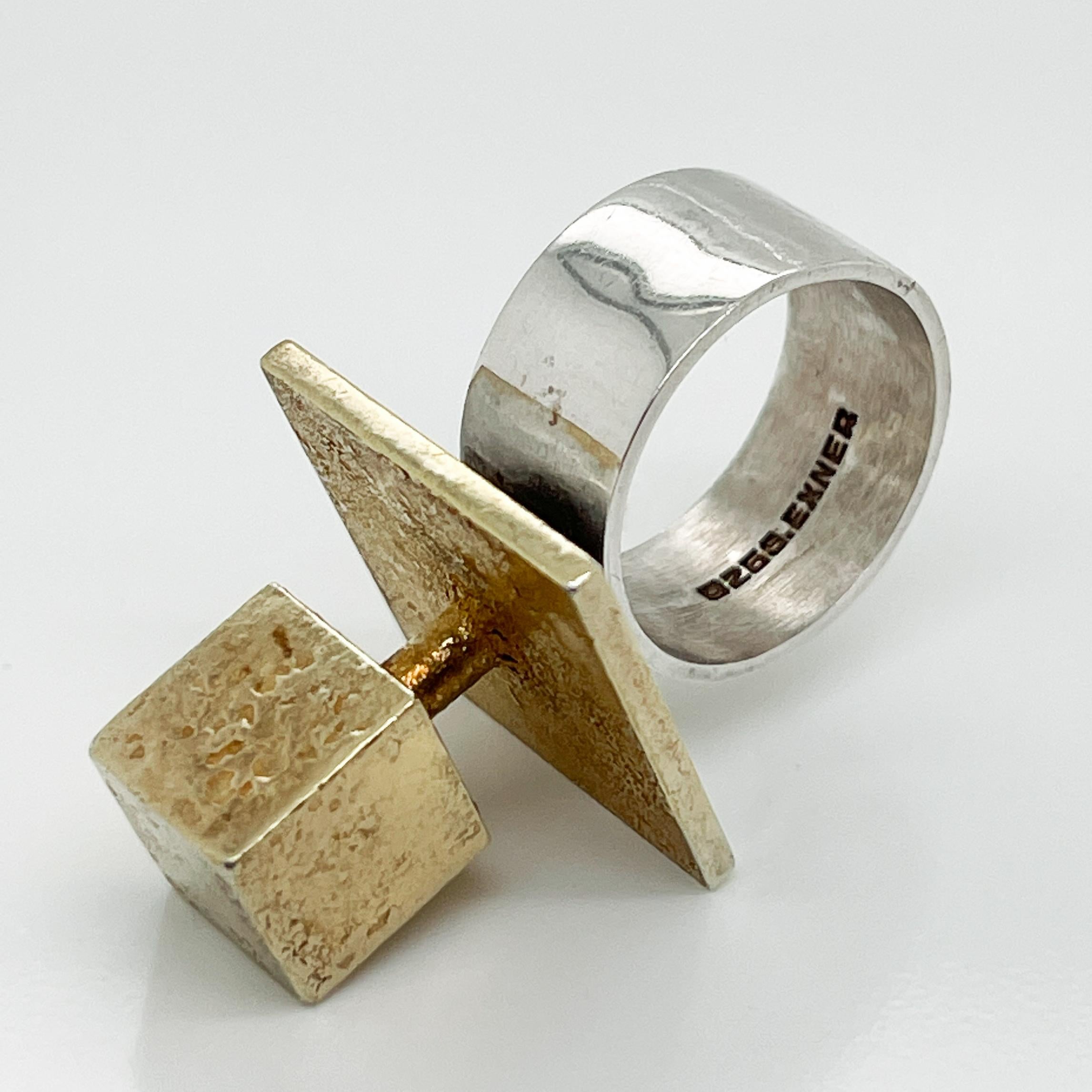 Bent Exner Danish Modern Cube Shaped Fire Gilded Sterling Silver Cocktail Ring 12