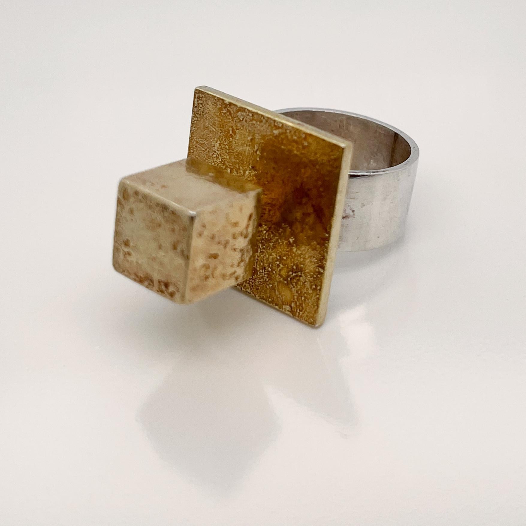Bent Exner Danish Modern Cube Shaped Fire Gilded Sterling Silver Cocktail Ring 2