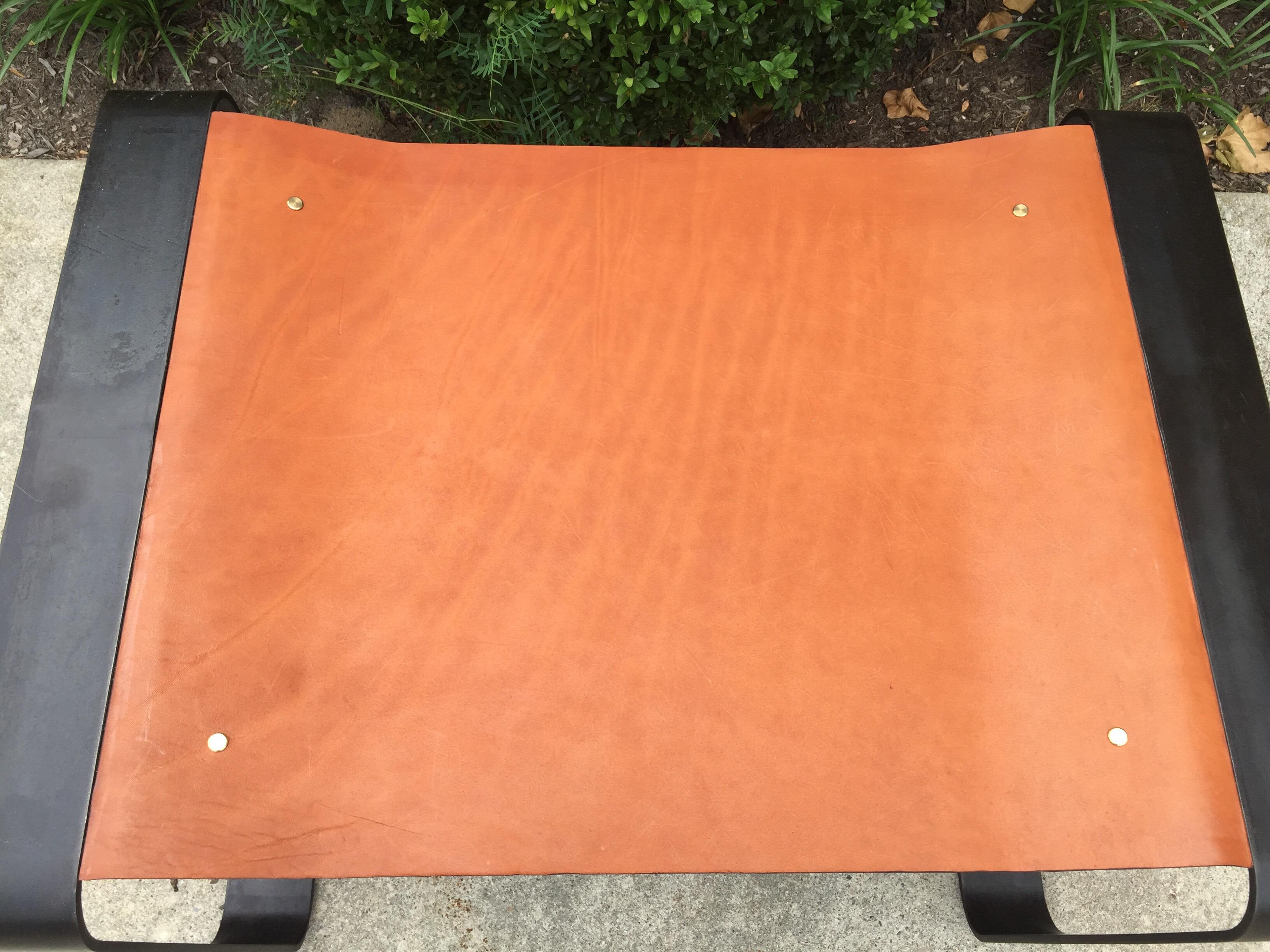 American Bent Flat Iron Bench with Cognac Leather Seat For Sale