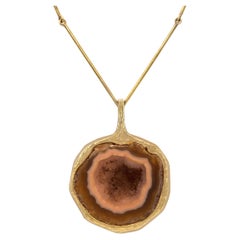 Retro Bent Gabrielsen Carved Agate and 18 Karat Gold Pendant with Chain Circa 1975
