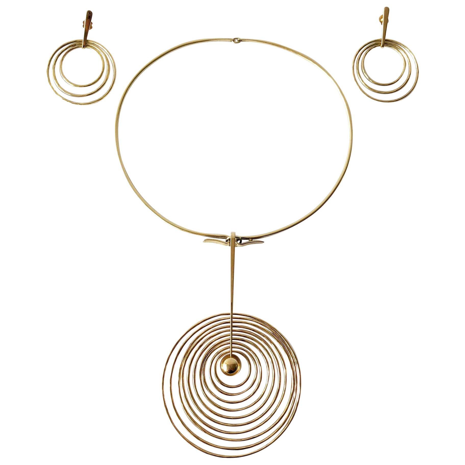 Bent Gabrielsen Gold Danish Modern Concentric Circle Necklace Earrings Set