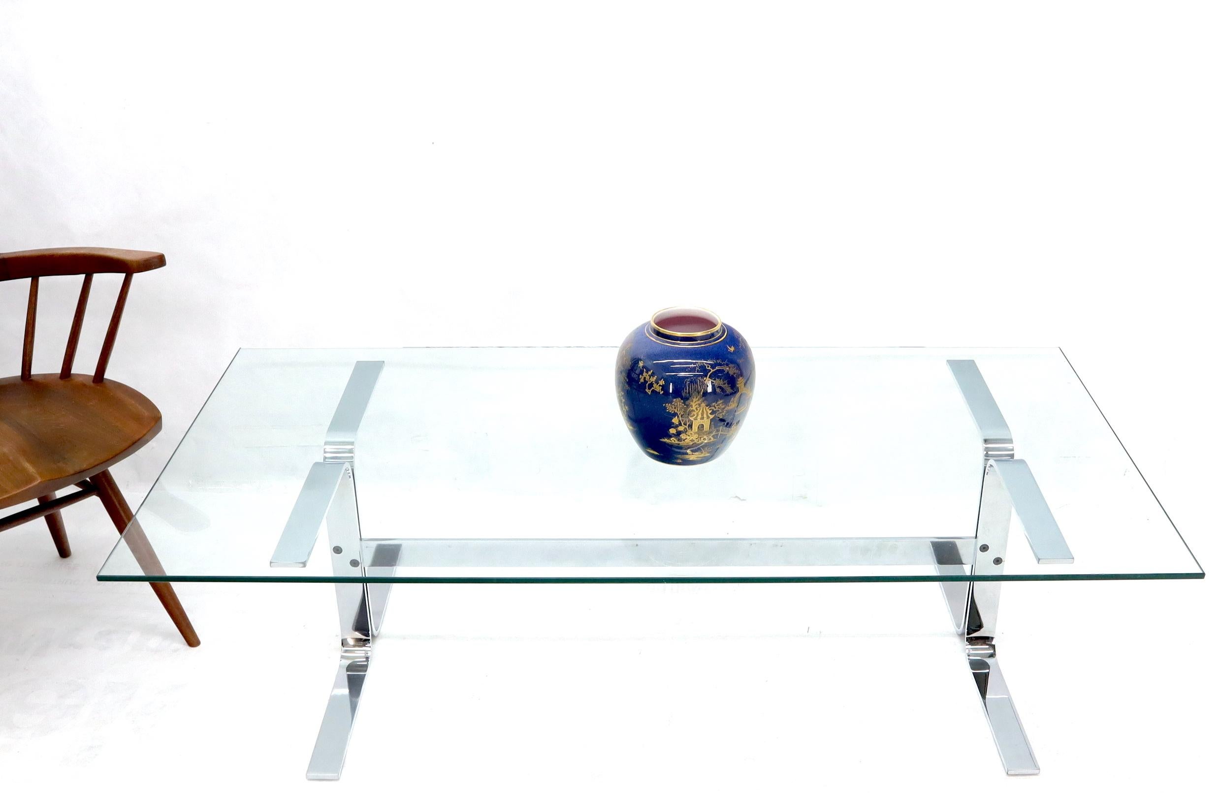 Bent Heavy Gage Chrome Steel Base Rectangular Coffee Table with Glass Top In Good Condition In Rockaway, NJ