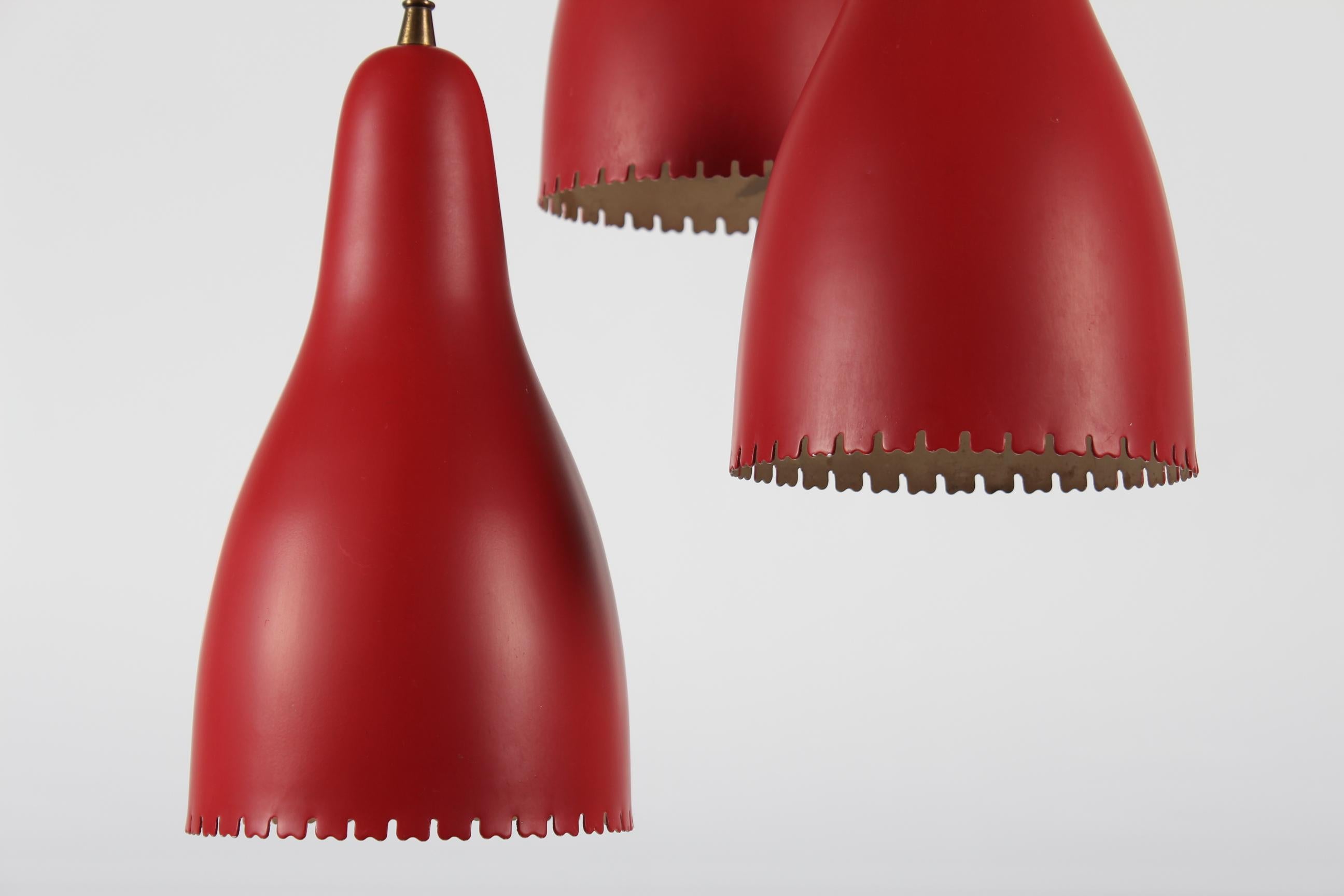 Mid-Century Modern Bent Karlby 3-Cone Chandelier with Red Lacquer Made by Lyfa in Denmarkk, 1950s For Sale