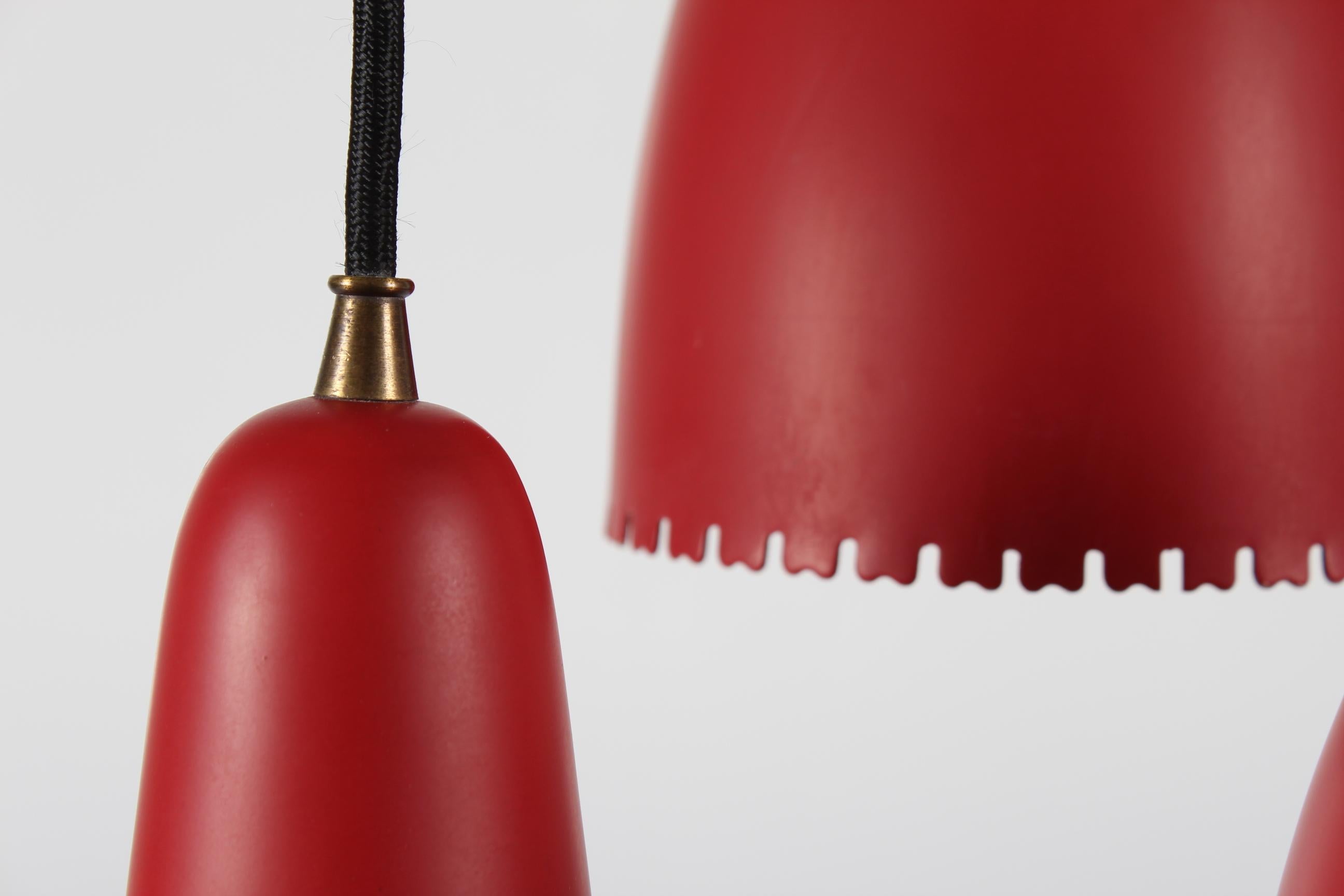 Danish Bent Karlby 3-Cone Chandelier with Red Lacquer Made by Lyfa in Denmarkk, 1950s For Sale