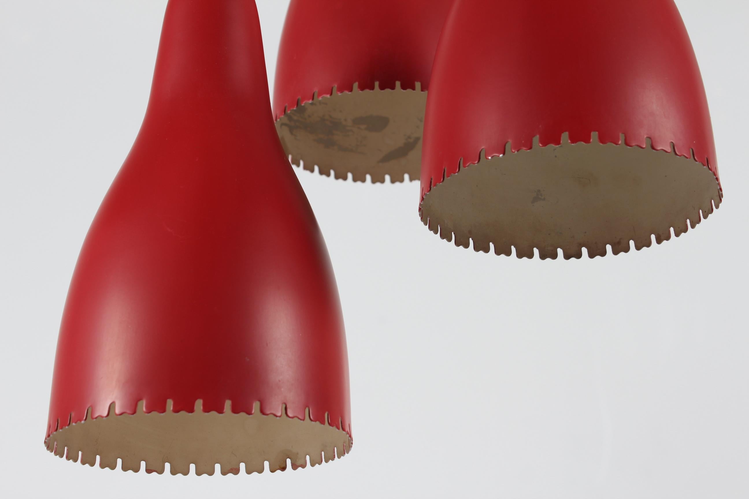 Lacquered Bent Karlby 3-Cone Chandelier with Red Lacquer Made by Lyfa in Denmarkk, 1950s For Sale