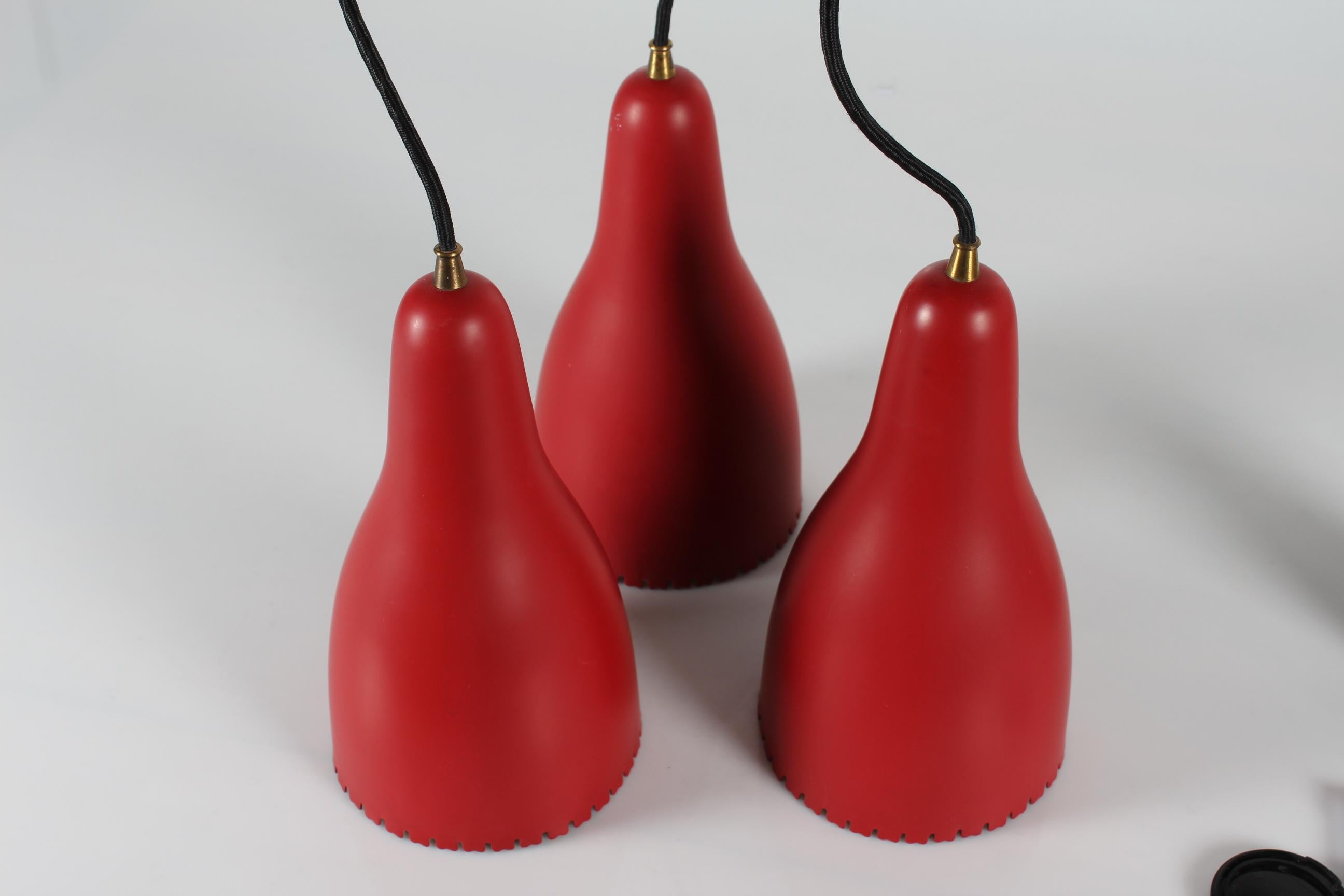 Metal Bent Karlby 3-Cone Chandelier with Red Lacquer Made by Lyfa in Denmarkk, 1950s For Sale