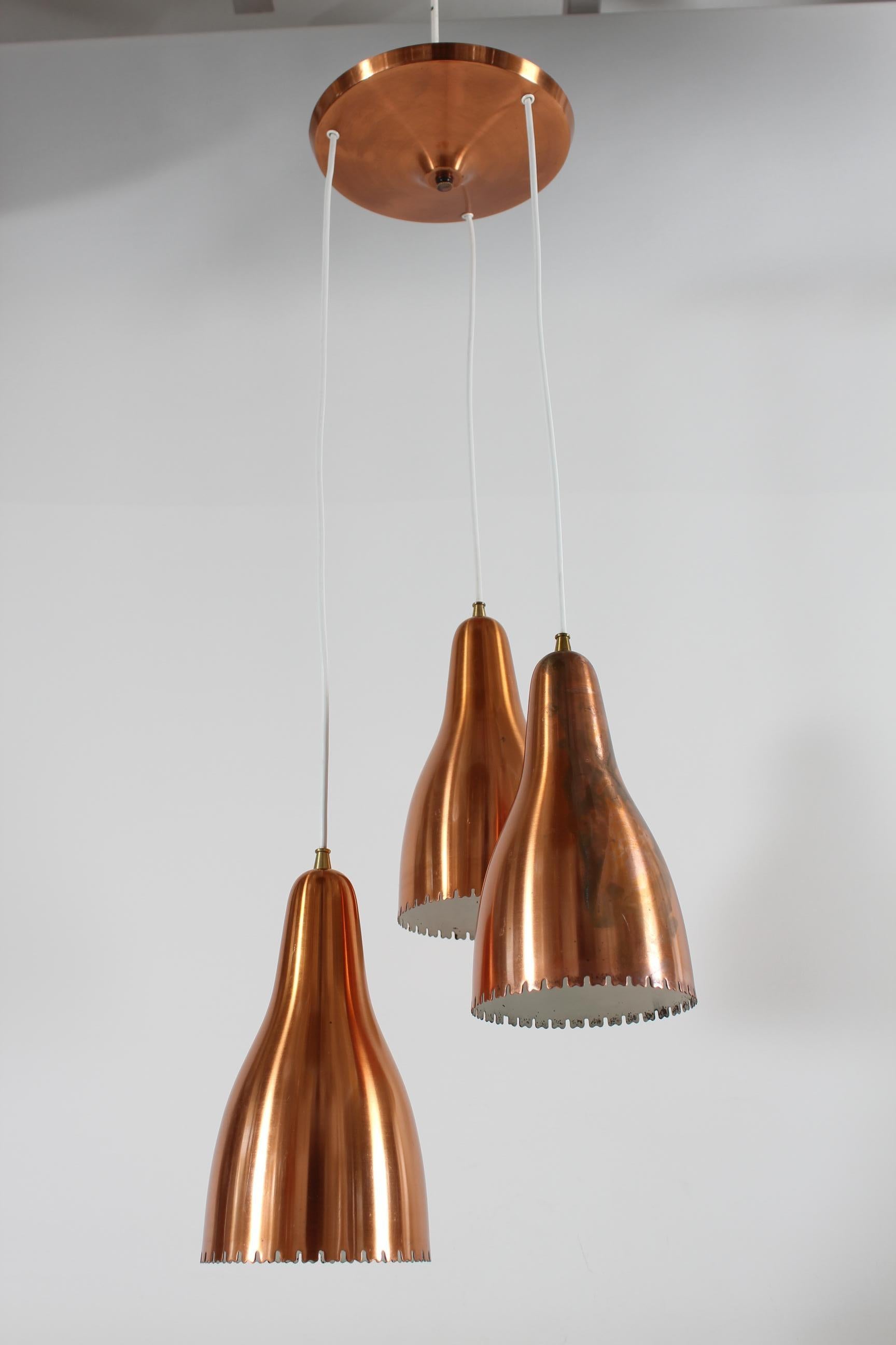 Bent Karlby 3-Cone Copper Chandelier with Canopy. Made by Lyfa in Denmark, 1950s For Sale 2