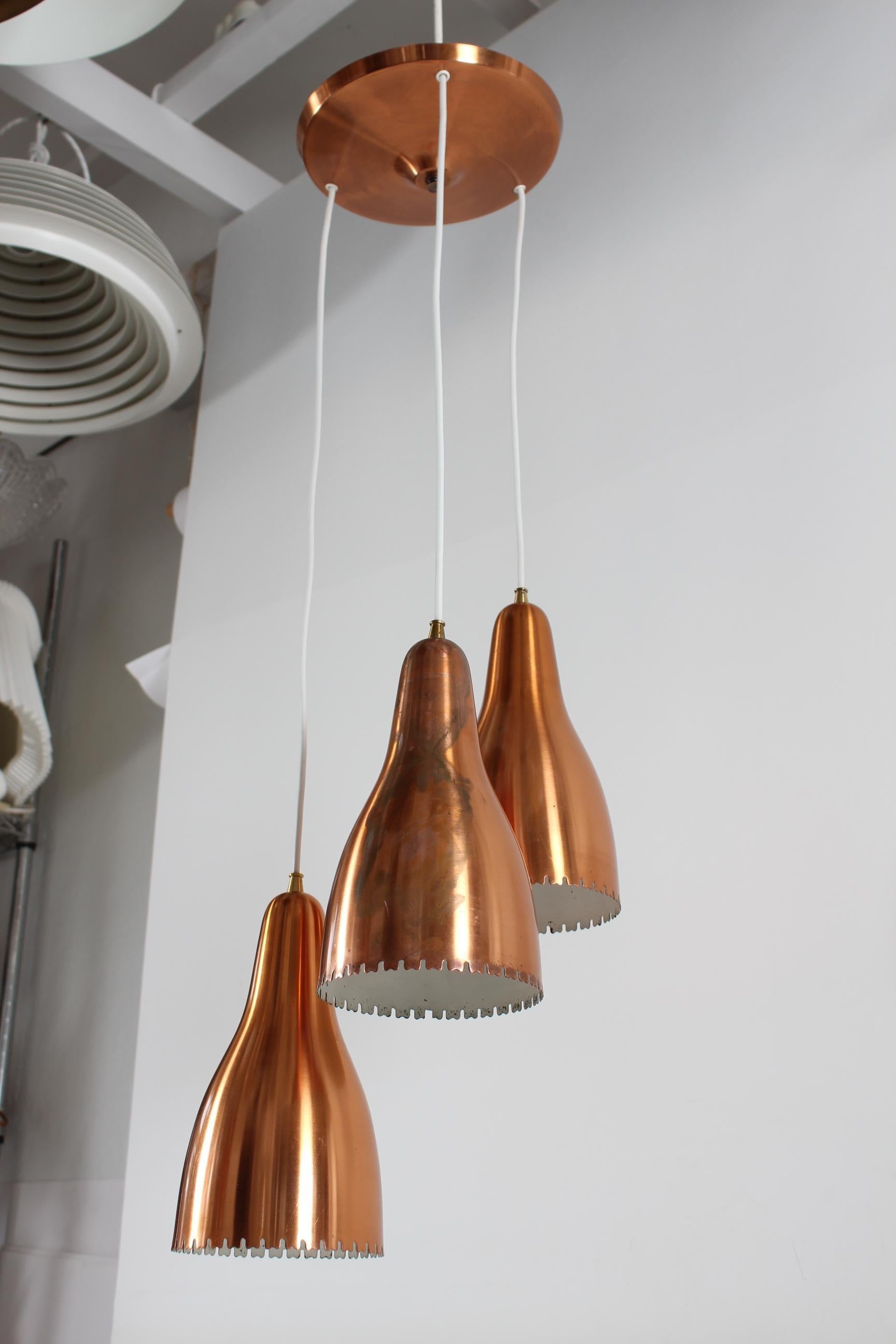 Bent Karlby 3-Cone Copper Chandelier with Canopy. Made by Lyfa in Denmark, 1950s For Sale 3