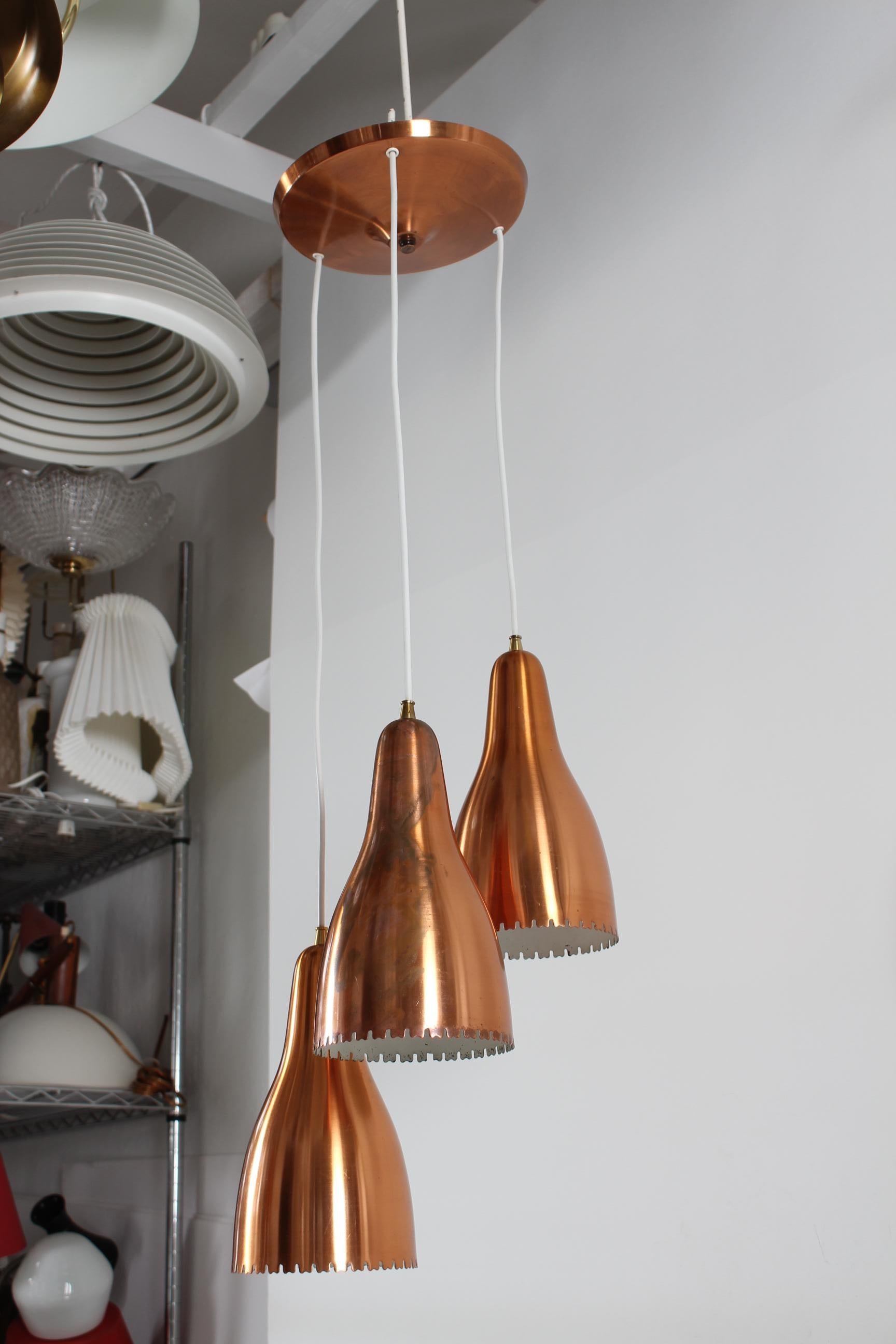 Bent Karlby 3-Cone Copper Chandelier with Canopy. Made by Lyfa in Denmark, 1950s For Sale 4